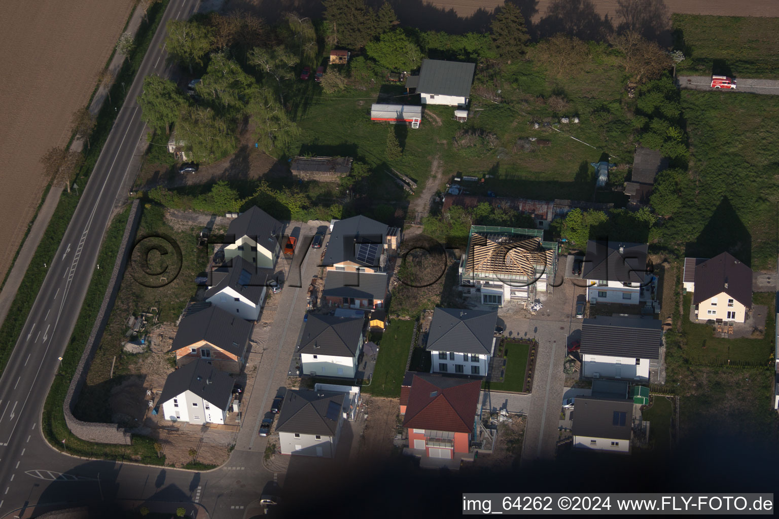 New development area east in Minfeld in the state Rhineland-Palatinate, Germany from the drone perspective