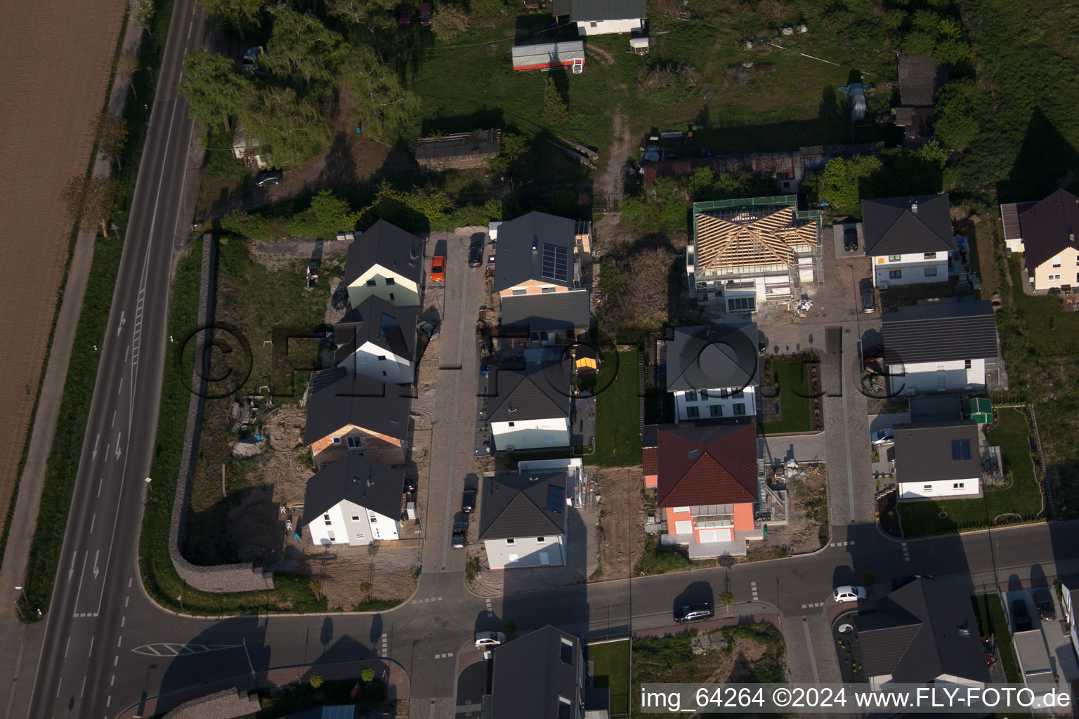 New development area east in Minfeld in the state Rhineland-Palatinate, Germany seen from a drone