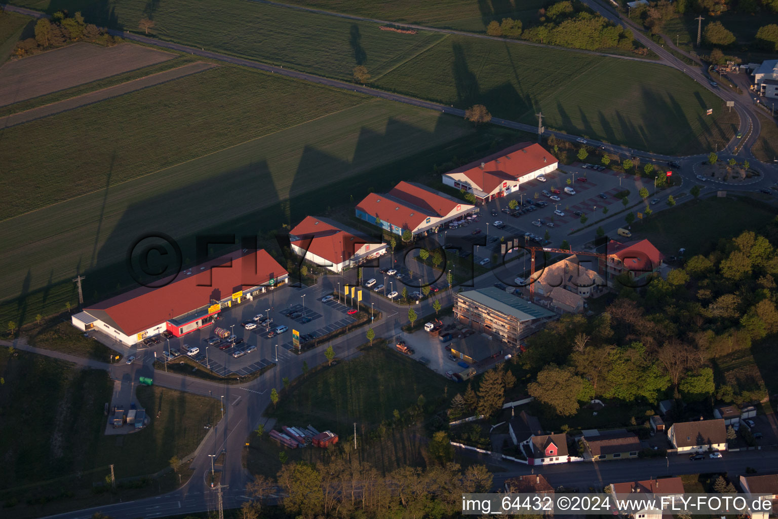 Shopping centers in the district Neulauterburg in Berg in the state Rhineland-Palatinate, Germany seen from above