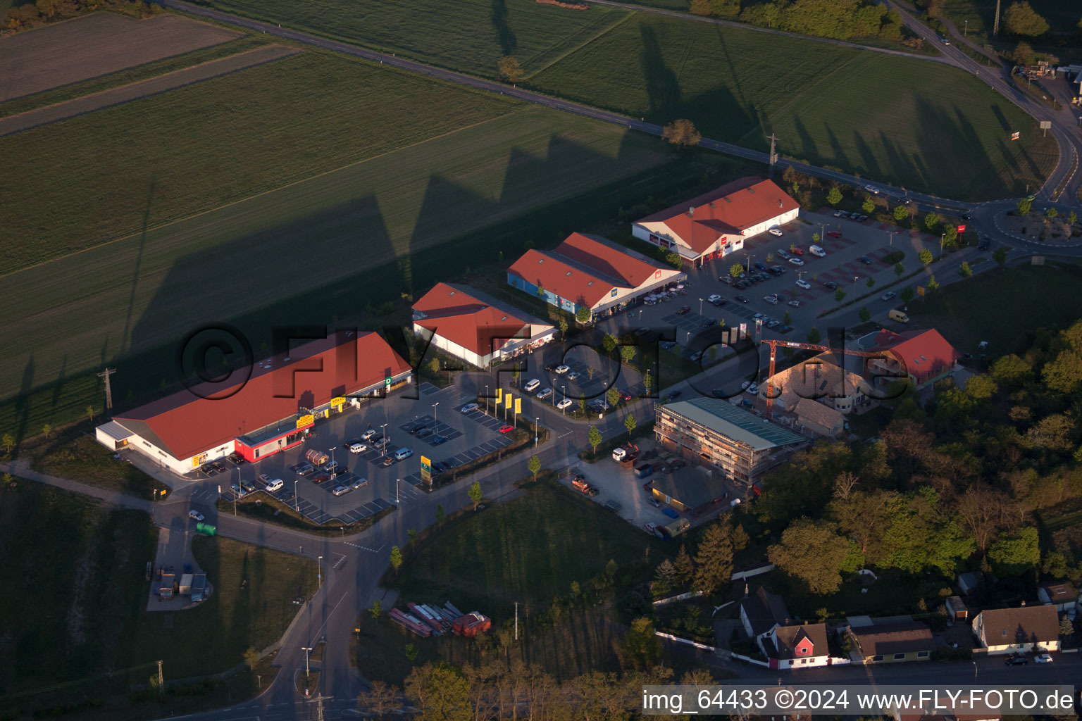 Shopping centers in the district Neulauterburg in Berg in the state Rhineland-Palatinate, Germany from the plane