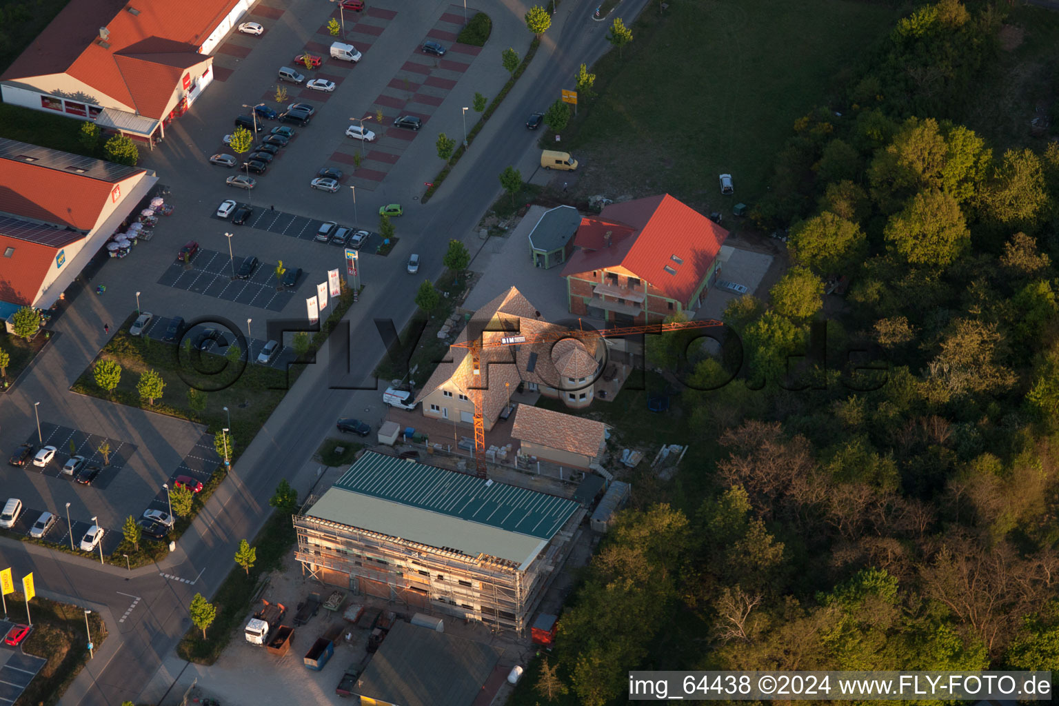 Shopping centers in Neulauterburg in the state Rhineland-Palatinate, Germany from the drone perspective