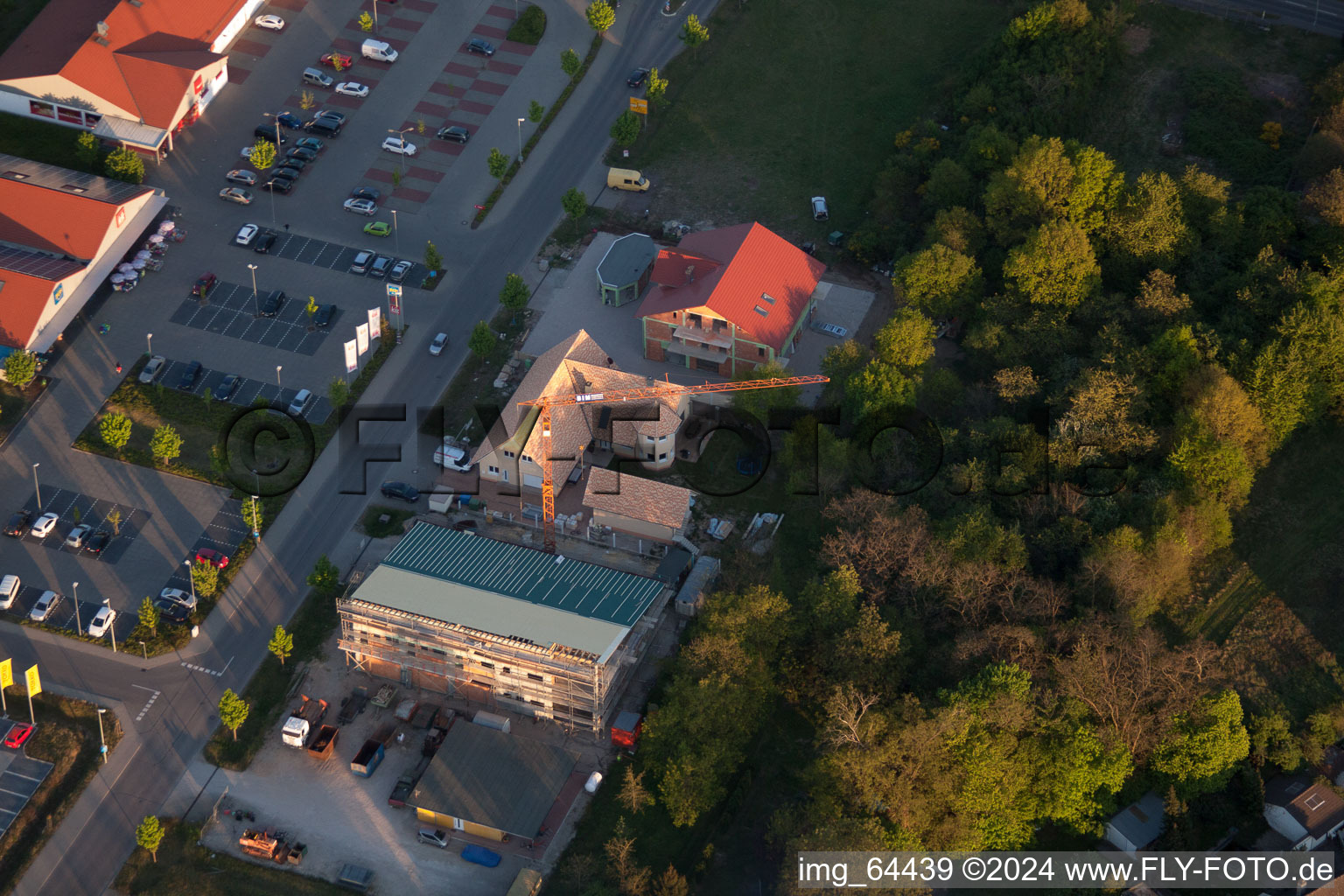 Shopping centers in the district Neulauterburg in Berg in the state Rhineland-Palatinate, Germany from a drone