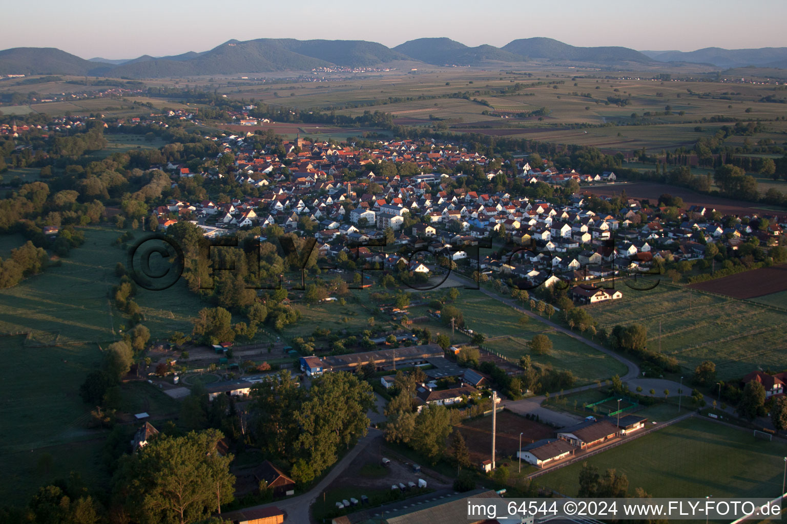 Town View of the streets and houses of the residential areas in the district Muehlhofen in Billigheim-Ingenheim in the state Rhineland-Palatinate from above