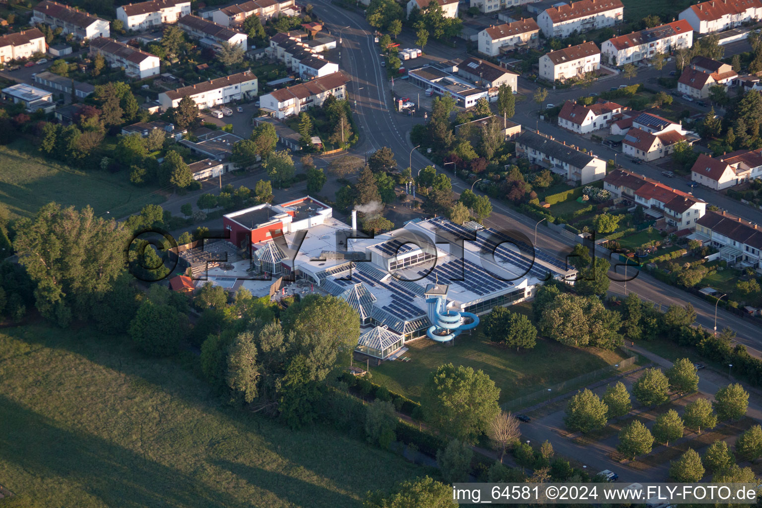 Aerial view of Indoor and outdoor pool LaOla in the district Queichheim in Landau in der Pfalz in the state Rhineland-Palatinate, Germany