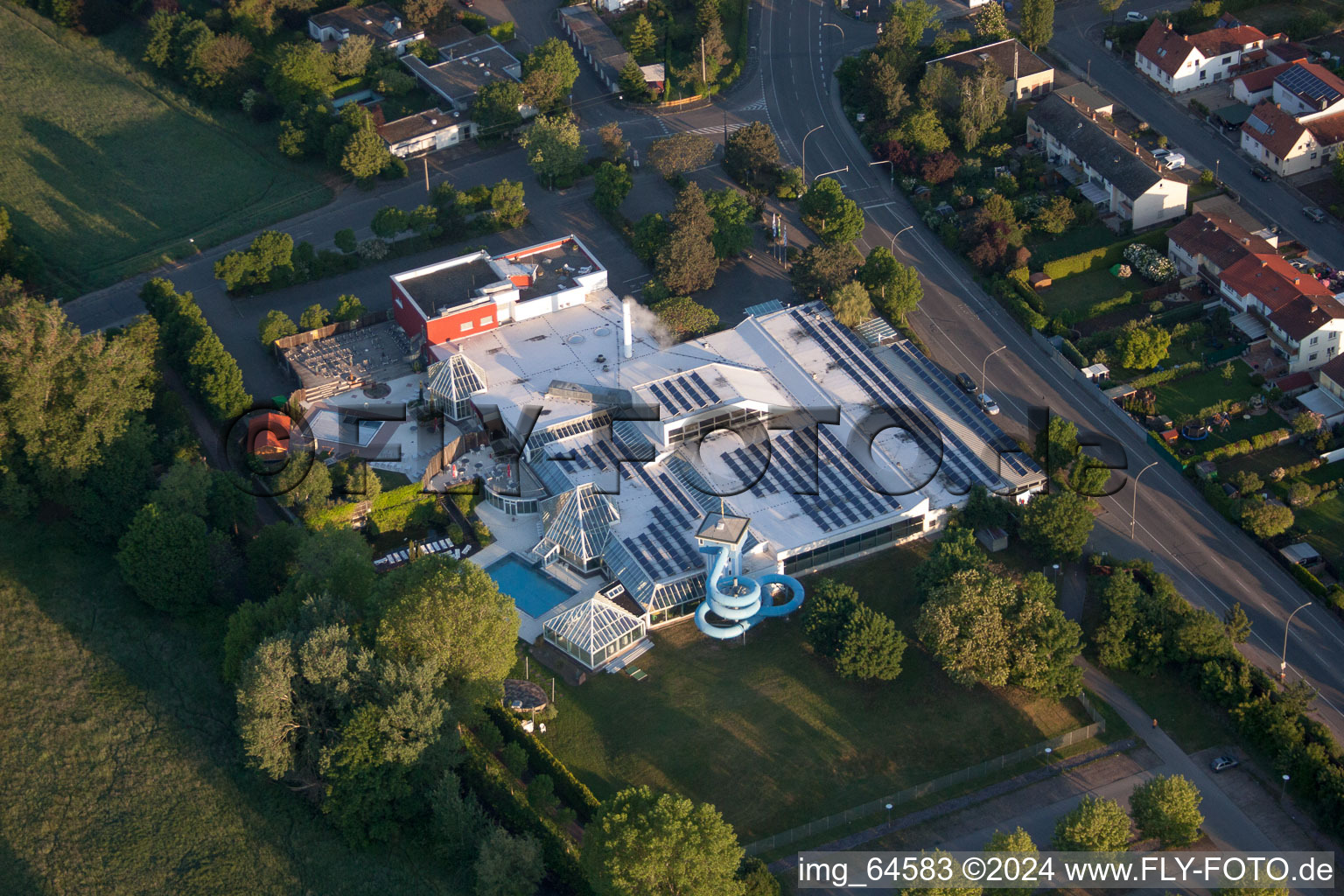 Oblique view of LaOla indoor and outdoor swimming pool in the district Queichheim in Landau in der Pfalz in the state Rhineland-Palatinate, Germany