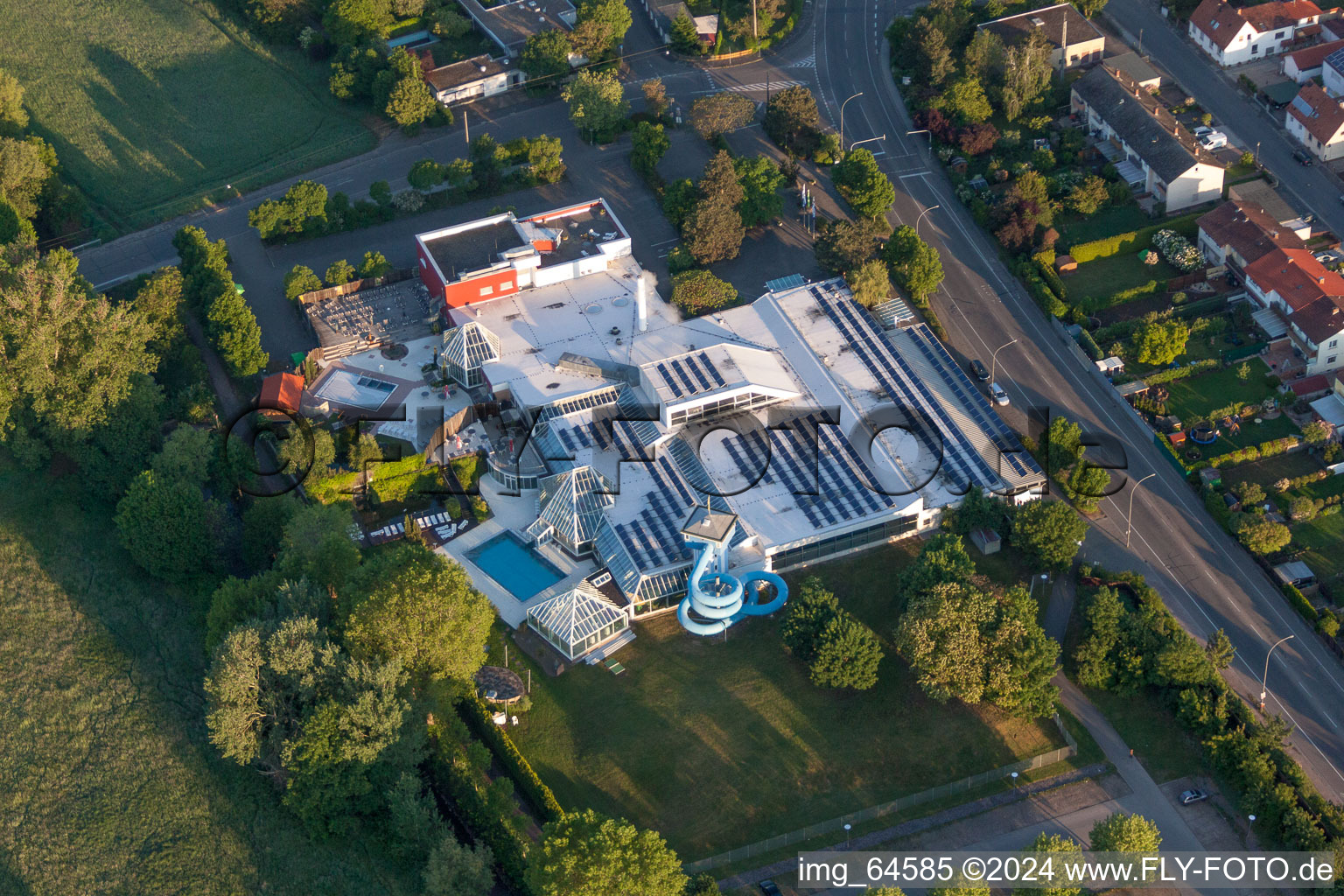 Oblique view of Waterslide on Swimming pool of the La Ola in the district Queichheim in Landau in der Pfalz in the state Rhineland-Palatinate, Germany