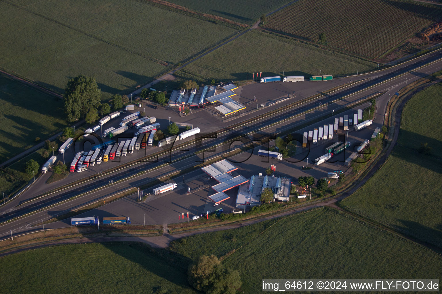 Aerial view of Motorway service area on the edge of the course of BAB highway Serways Pfaelzer Weinstrasse the district Eckel in Edesheim in the state Rhineland-Palatinate