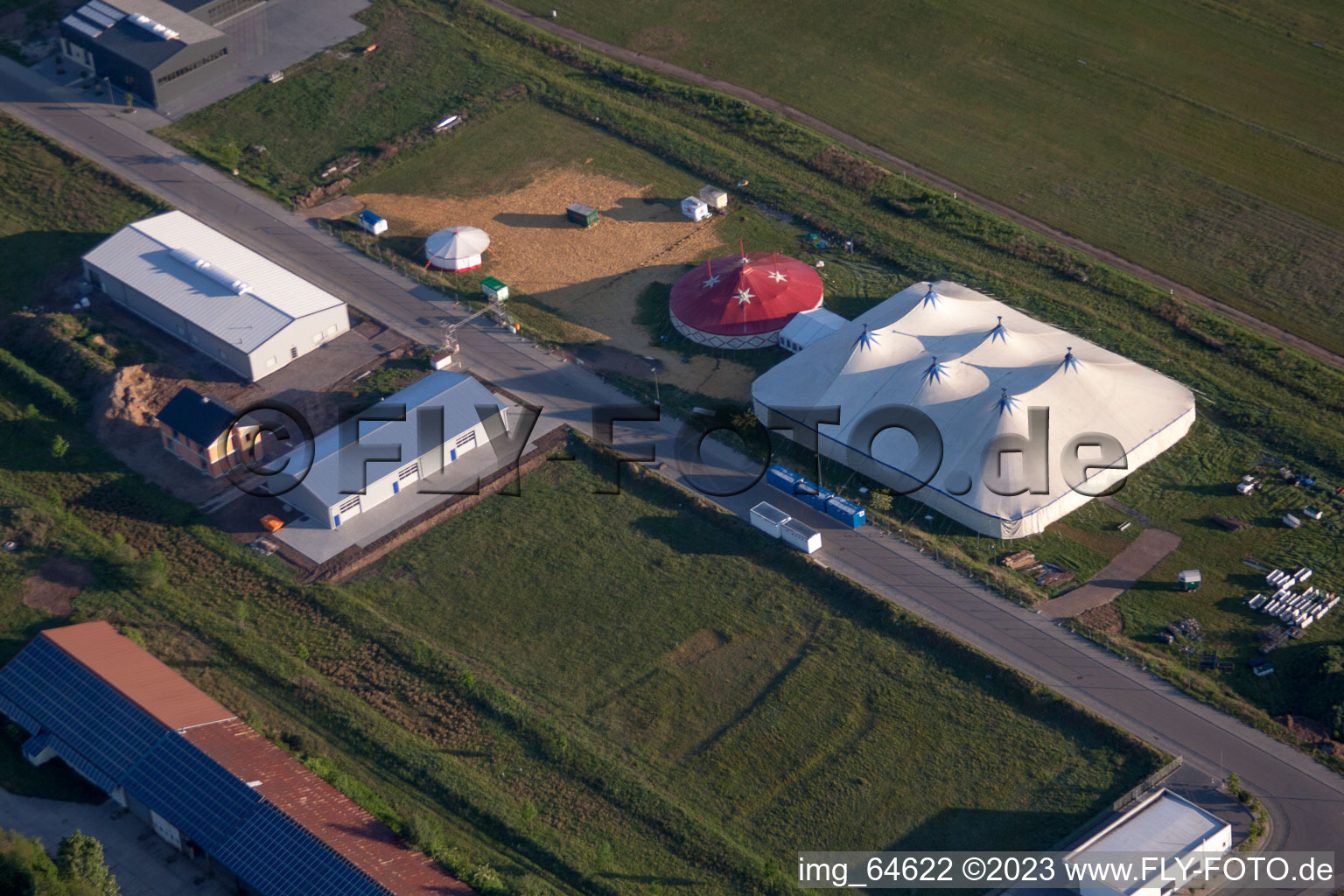 Aerial view of Circus tent in the district Speyerdorf in Neustadt an der Weinstraße in the state Rhineland-Palatinate, Germany