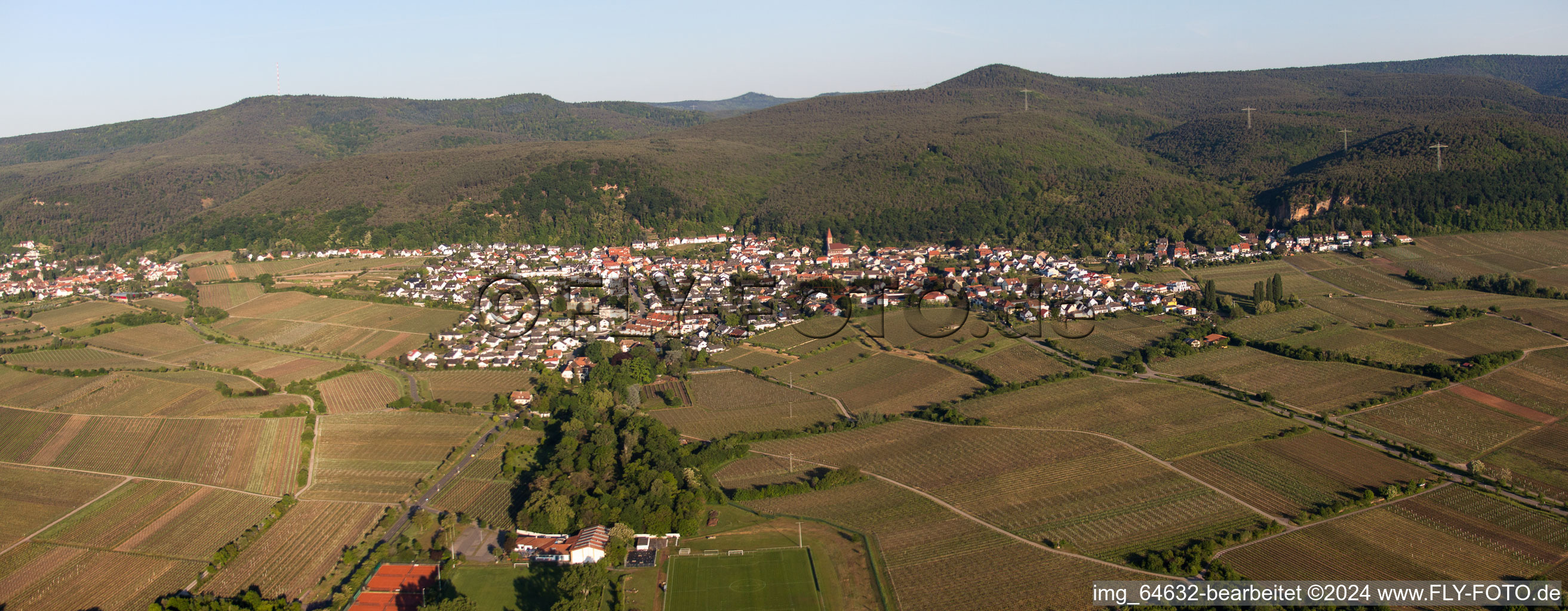 Panoramic perspective Village - view on the edge of wine yards in the district Koenigsbach in Neustadt an der Weinstrasse in the state Rhineland-Palatinate, Germany