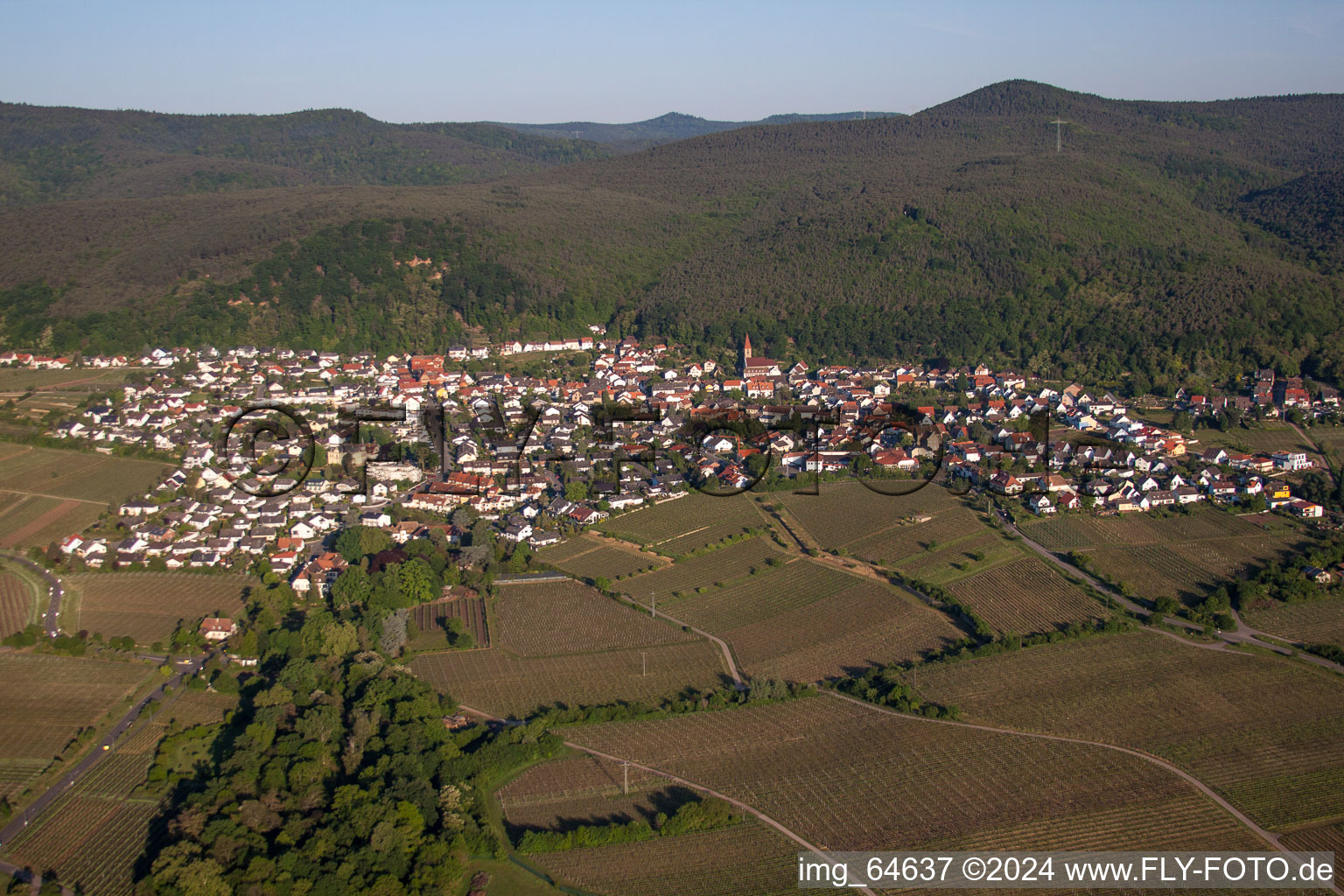 Aerial photograpy of Village - view on the edge of wine yards in the district Koenigsbach in Neustadt an der Weinstrasse in the state Rhineland-Palatinate, Germany