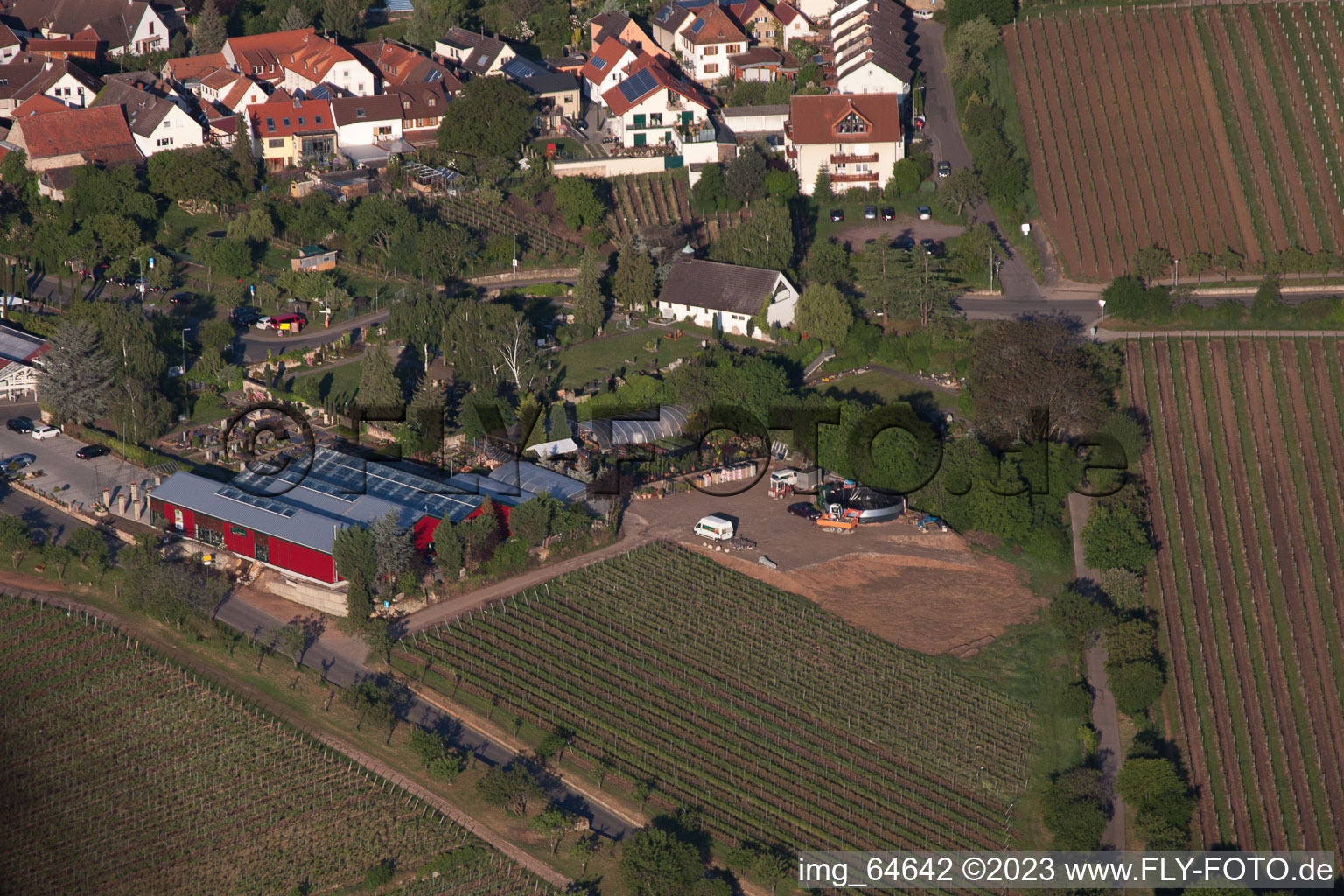 Aerial view of Flowers Schupp in the district Gimmeldingen in Neustadt an der Weinstraße in the state Rhineland-Palatinate, Germany