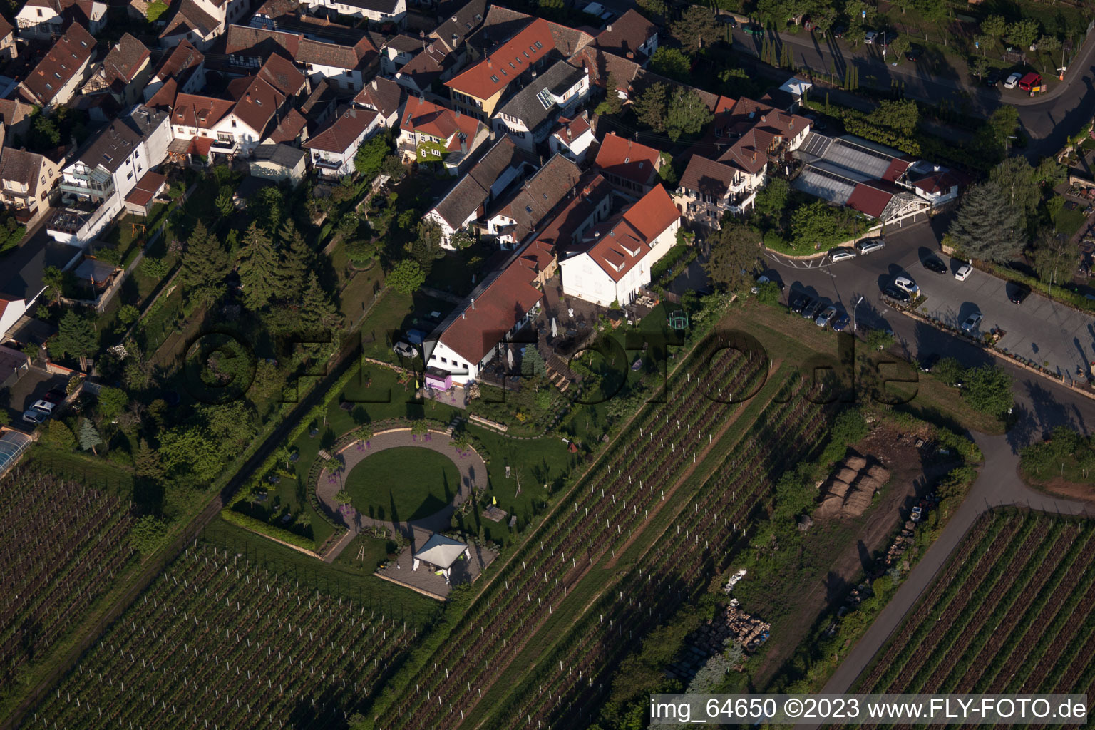 Aerial view of Netts Landhaus Loblocher Hof in the district Gimmeldingen in Neustadt an der Weinstraße in the state Rhineland-Palatinate, Germany