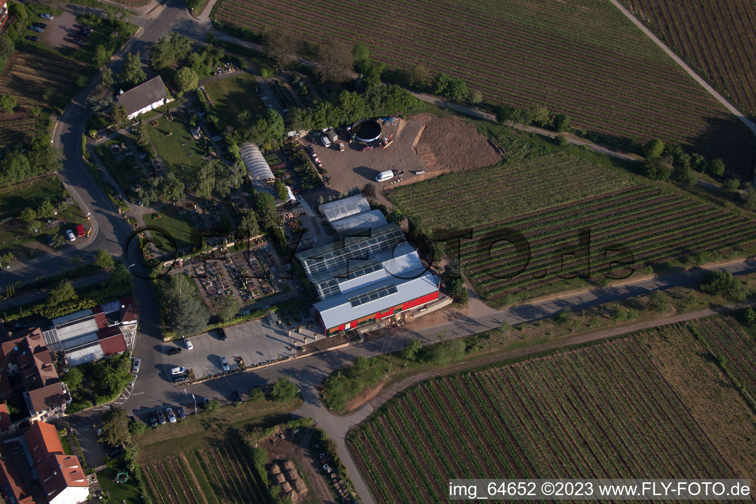 Flowers Schupp in the district Gimmeldingen in Neustadt an der Weinstraße in the state Rhineland-Palatinate, Germany from above