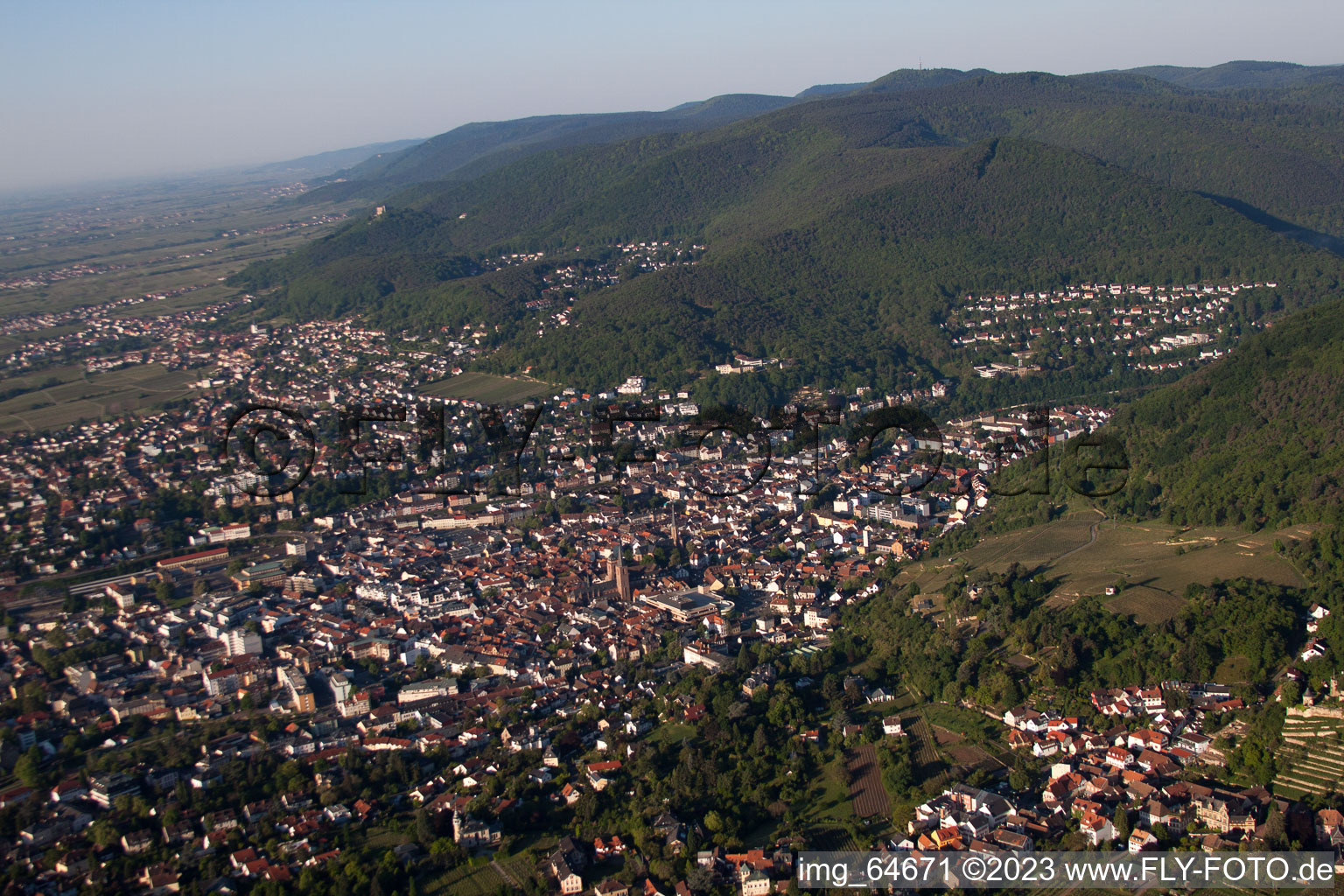 Neustadt an der Weinstraße in the state Rhineland-Palatinate, Germany seen from a drone