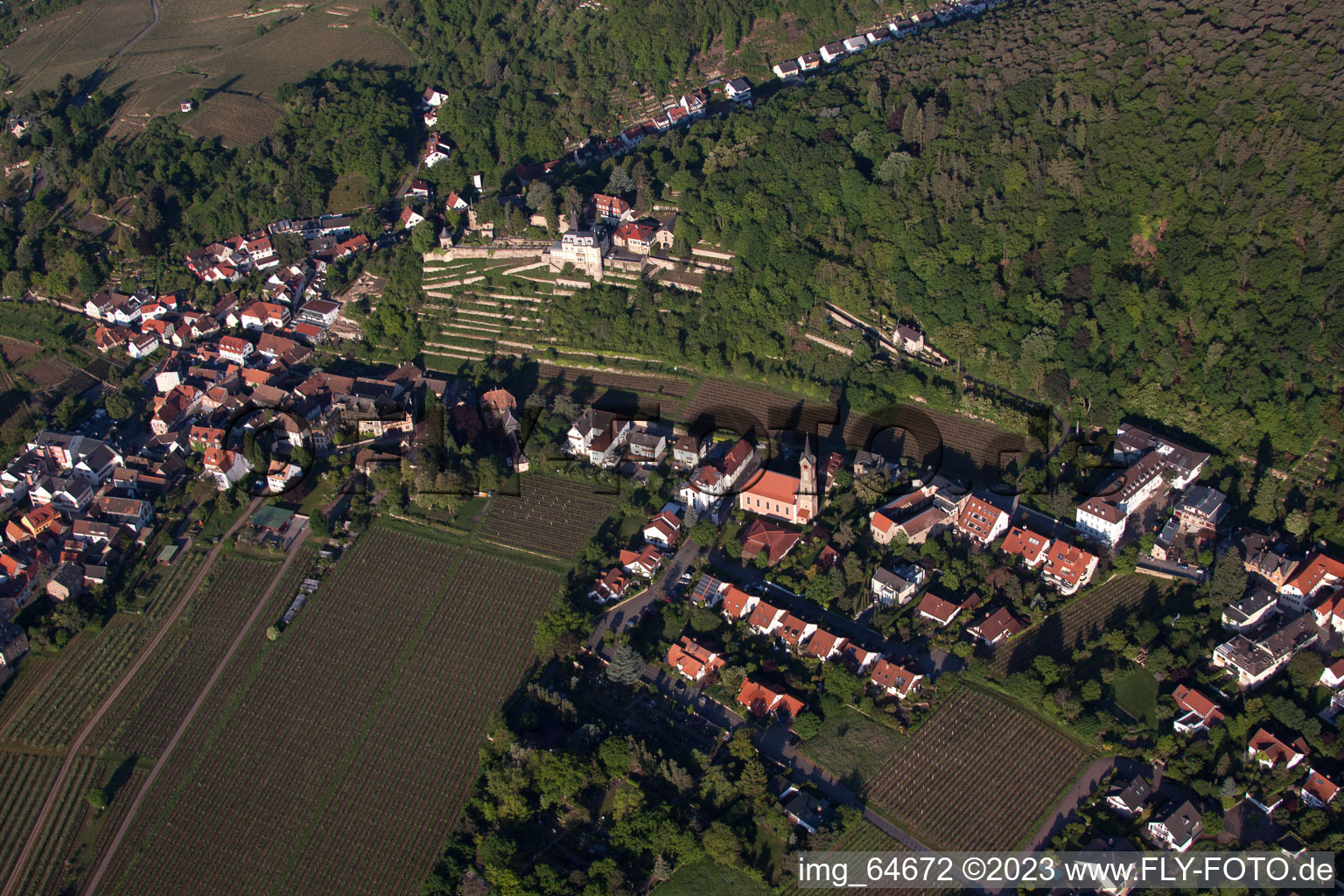 Aerial view of Winzing Castle and Haardter Schlössel in Neustadt an der Weinstraße in the state Rhineland-Palatinate, Germany