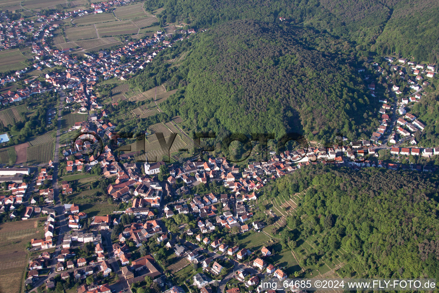 Aerial photograpy of Village - view on the edge of wine yards in the district Hambach in Neustadt an der Weinstrasse in the state Rhineland-Palatinate, Germany