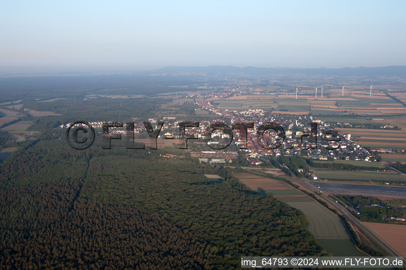 From the east in Kandel in the state Rhineland-Palatinate, Germany from the drone perspective