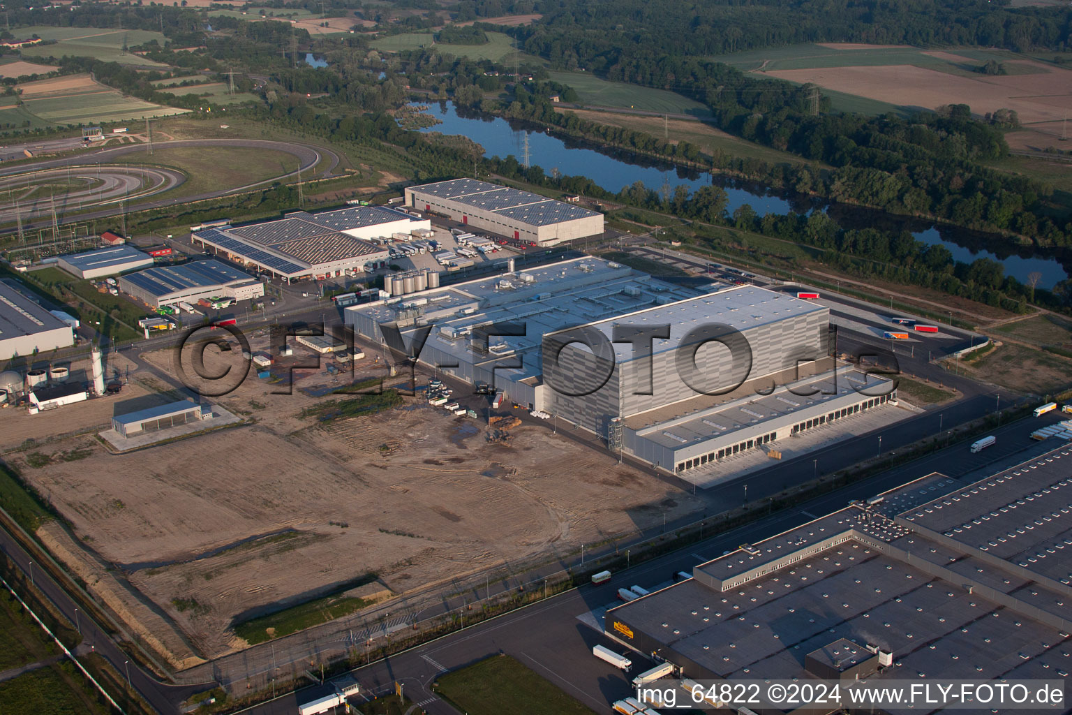 Aerial view of Oberwald Industrial Area in Wörth am Rhein in the state Rhineland-Palatinate, Germany