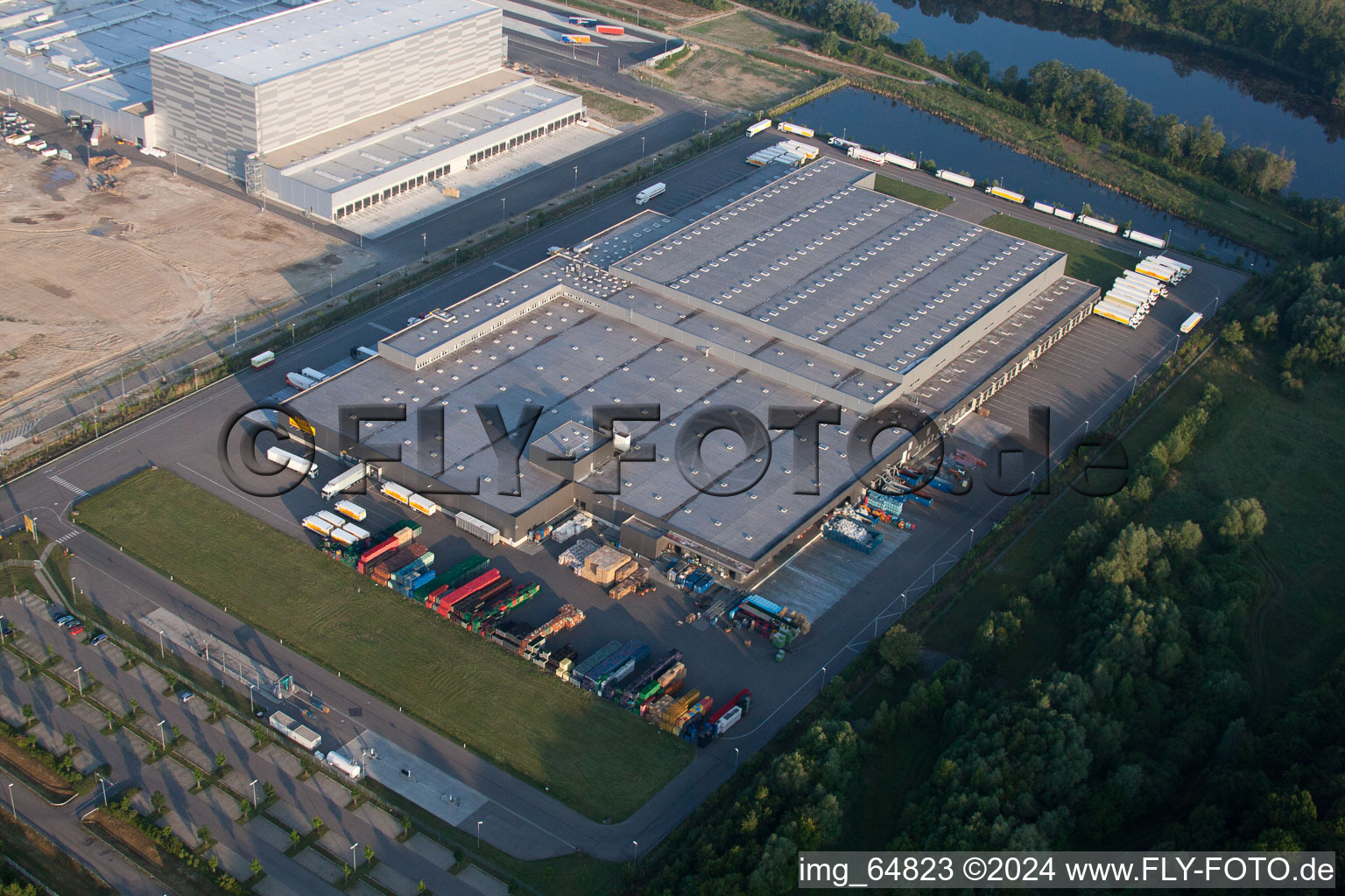 Aerial view of Netto Logistic center in industrial and commercial area iOberwald in Woerth am Rhein in the state Rhineland-Palatinate