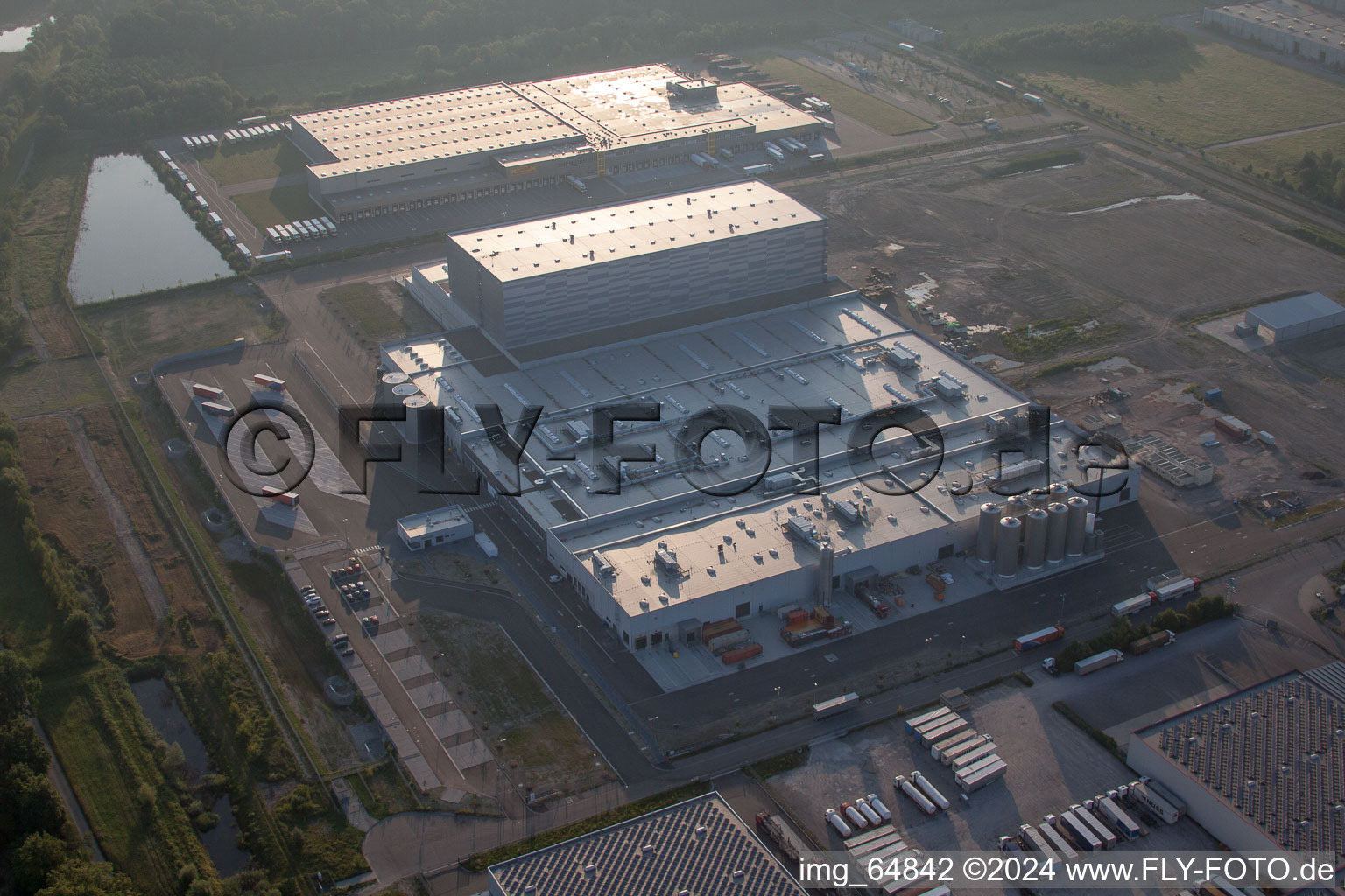 Oberwald industrial area in Wörth am Rhein in the state Rhineland-Palatinate, Germany seen from above