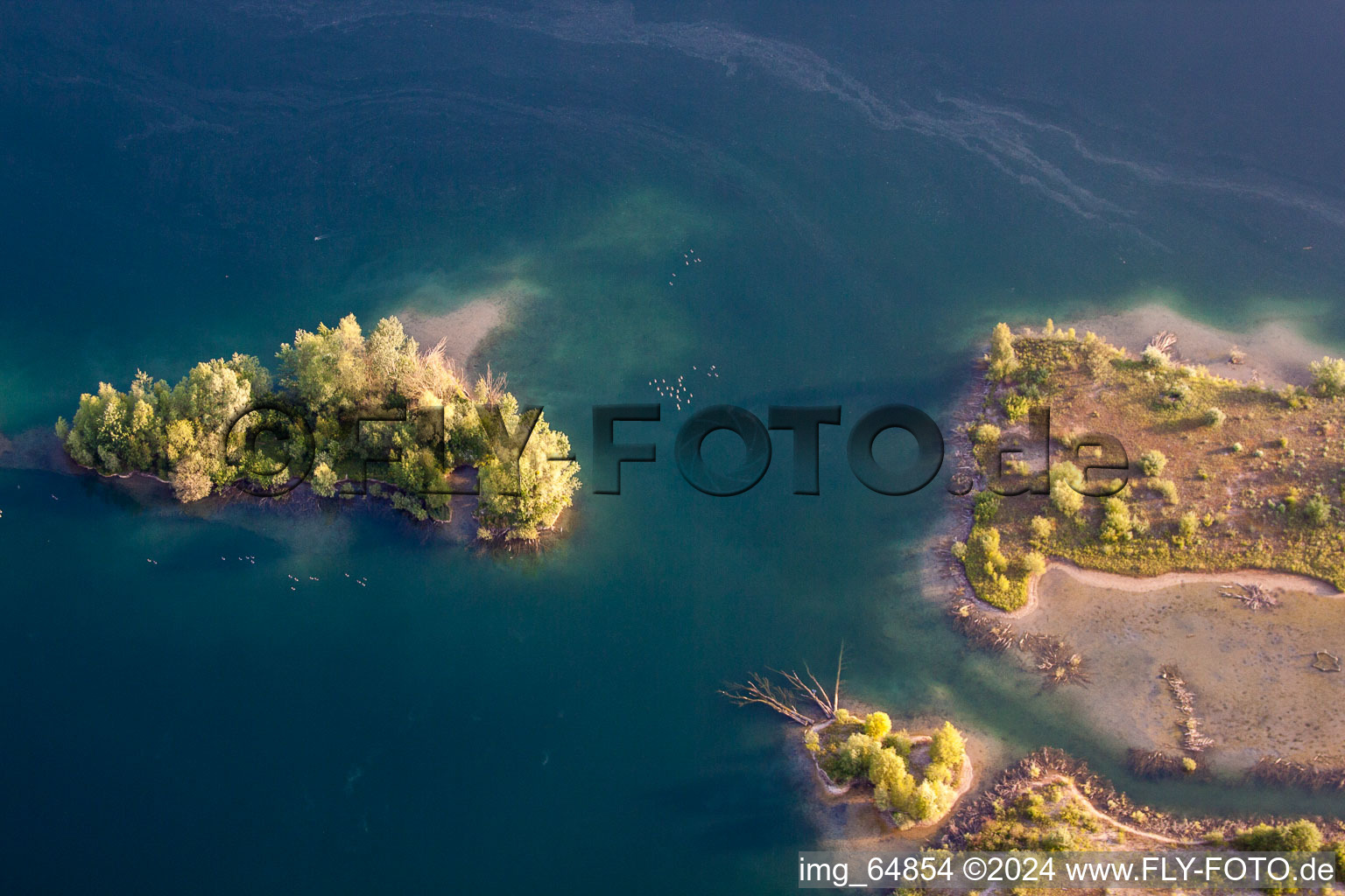 Aerial view of Lake Island on the Baggersee Streitkoepfle in Linkenheim-Hochstetten in the state Baden-Wurttemberg