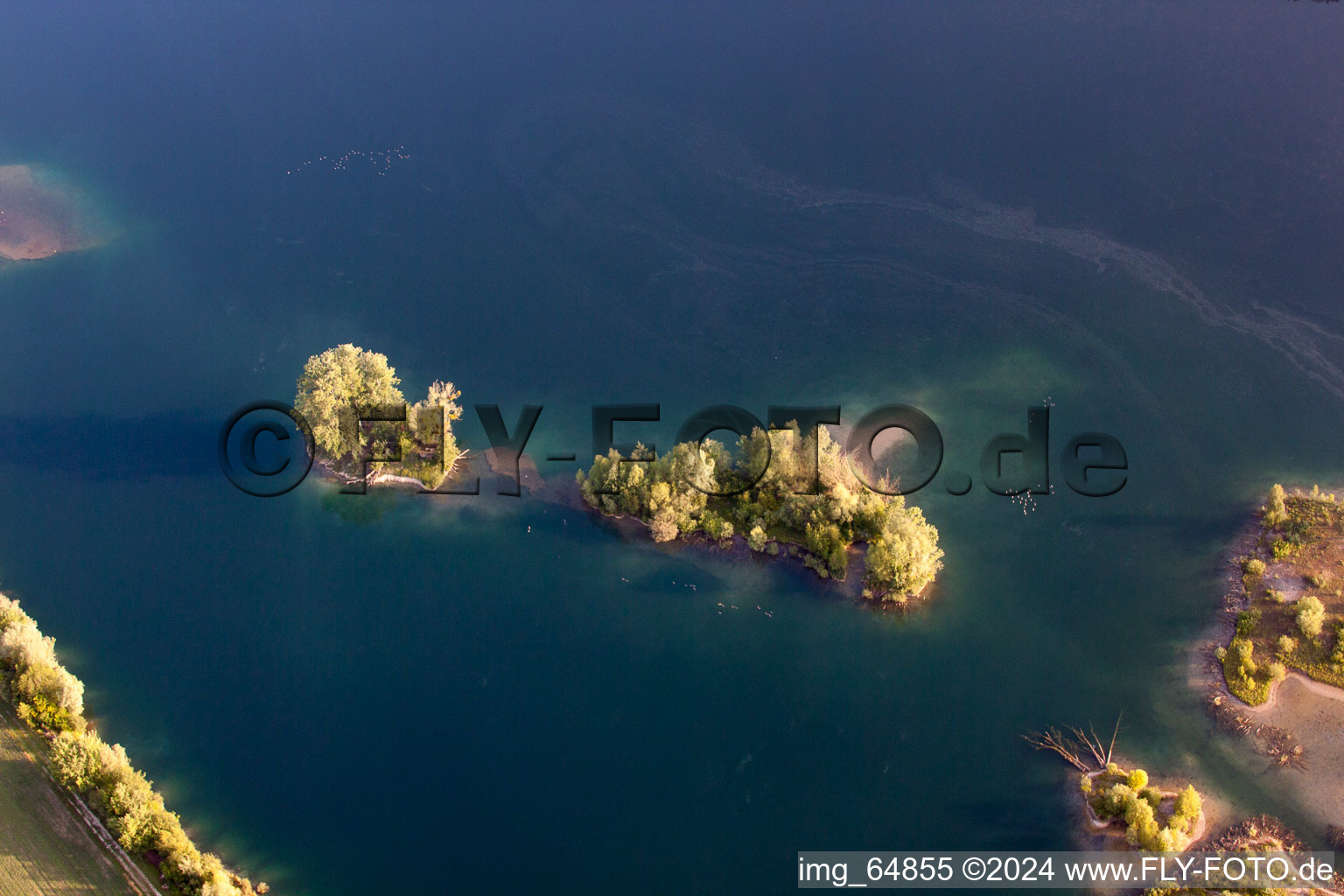 Aerial photograpy of Lake Island on the Baggersee Streitkoepfle in Linkenheim-Hochstetten in the state Baden-Wurttemberg