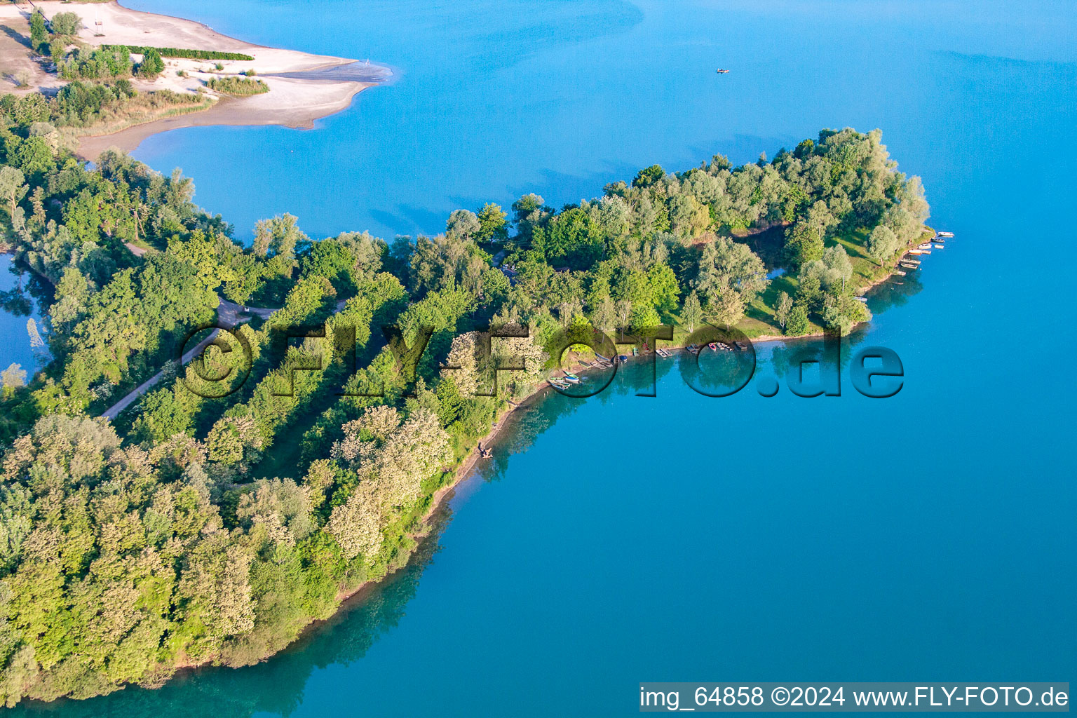 Aerial view of Fishing boats and beach at the bathing lake Giessen in the district Liedolsheim in Dettenheim in the state Baden-Wuerttemberg, Germany