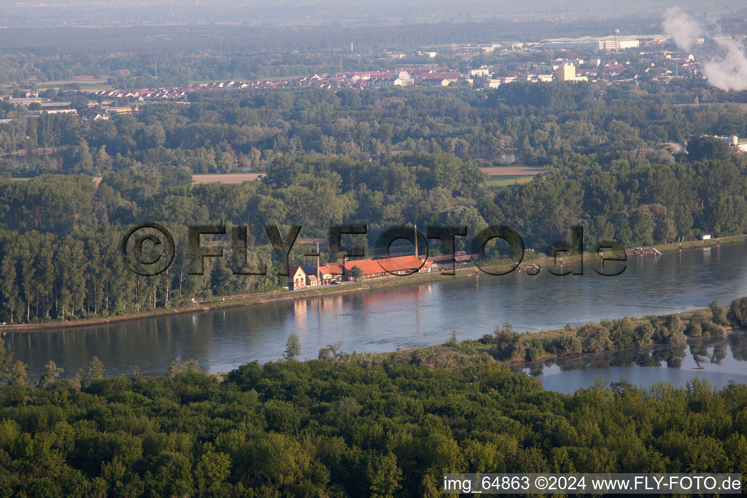 Aerial view of Old brickworks on the Rhine dam from the east in the district Sondernheim in Germersheim in the state Rhineland-Palatinate, Germany