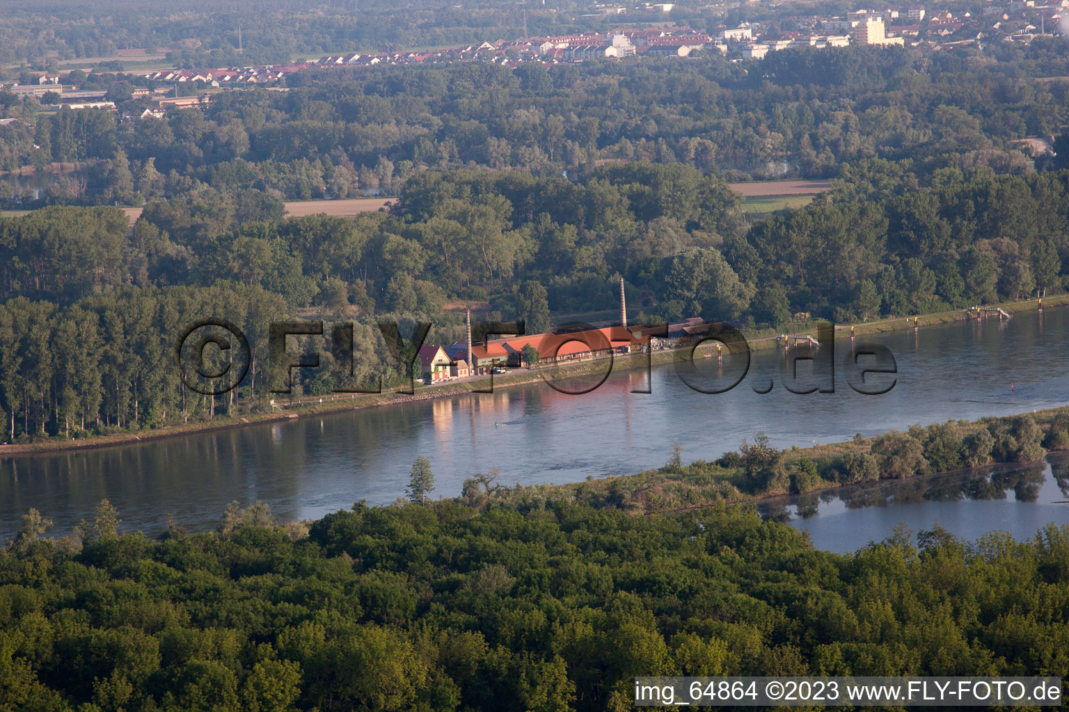 Aerial photograpy of Old brickworks on the Rhine dam from the east in the district Sondernheim in Germersheim in the state Rhineland-Palatinate, Germany