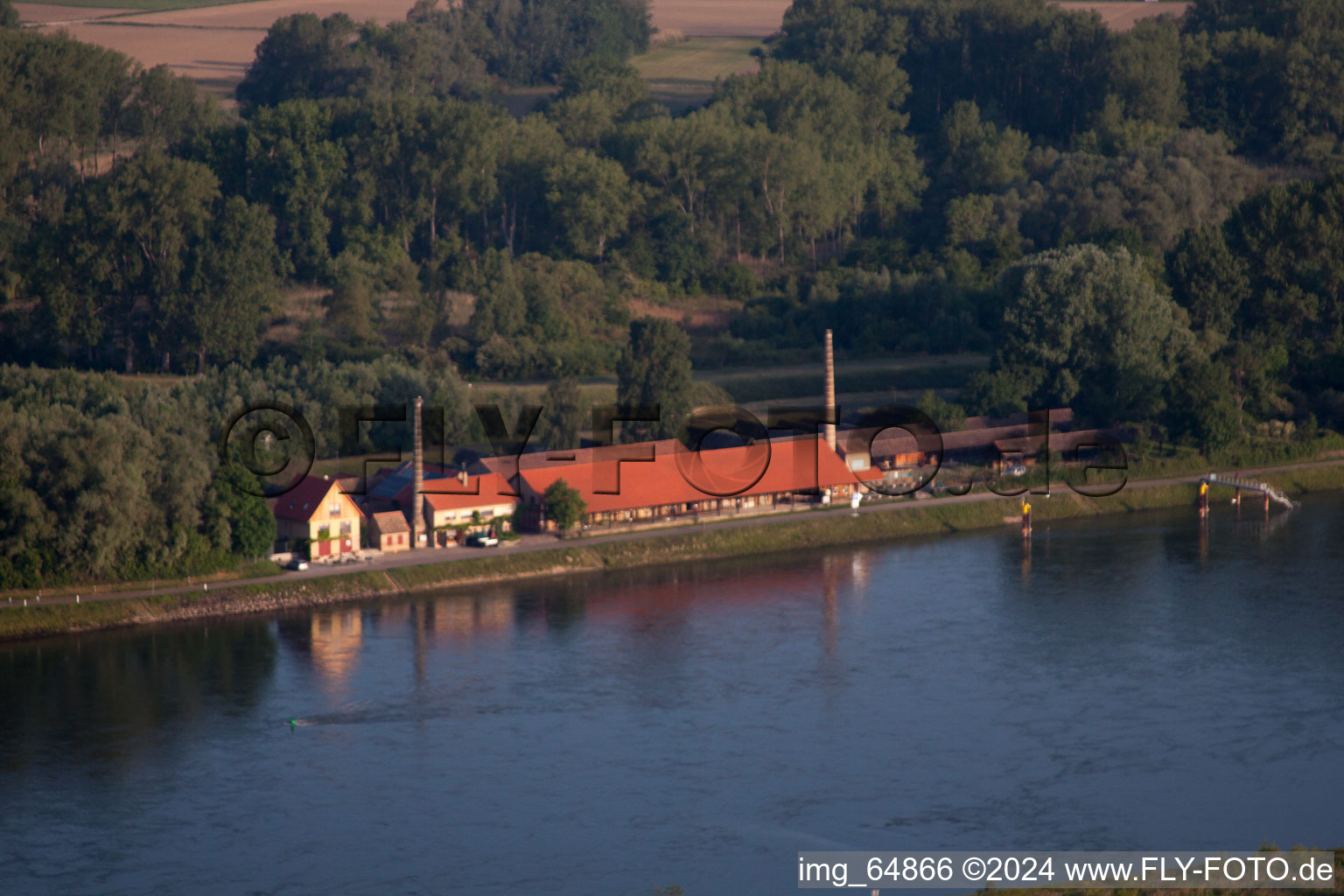 Old brickworks on the Rhine dam from the east in the district Sondernheim in Germersheim in the state Rhineland-Palatinate, Germany from above