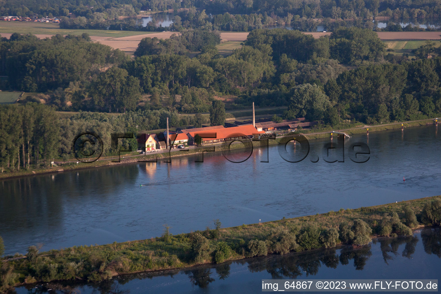 Old brickworks on the Rhine dam from the east in the district Sondernheim in Germersheim in the state Rhineland-Palatinate, Germany out of the air