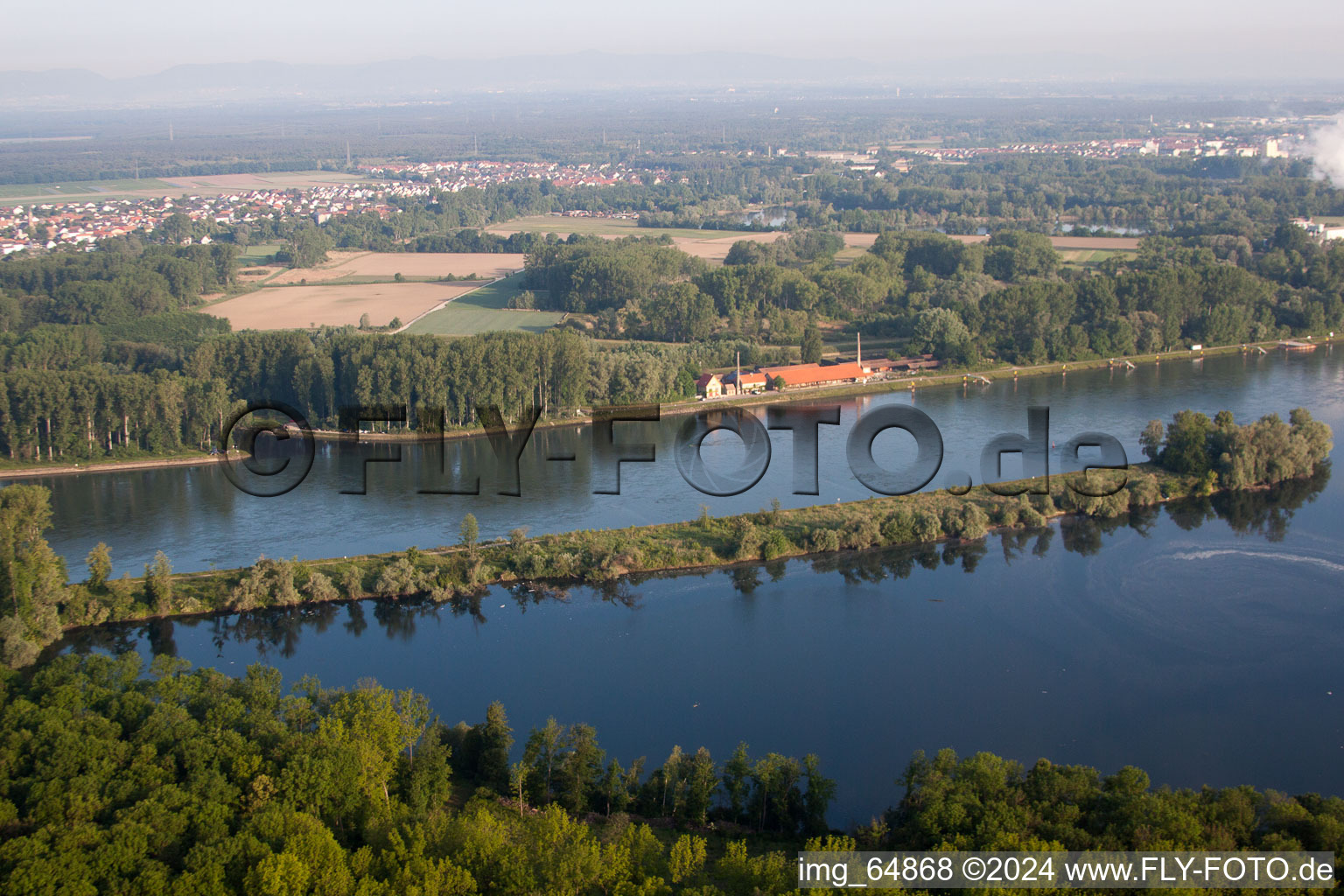 Old brickworks on the Rhine dam from the east in the district Sondernheim in Germersheim in the state Rhineland-Palatinate, Germany seen from above