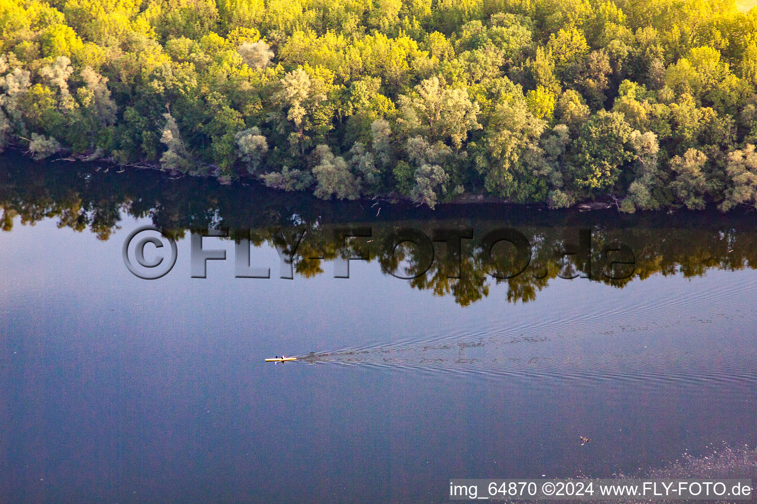 Aerial view of Paddler on the Saalbach Canal in the district Rheinsheim in Philippsburg in the state Baden-Wuerttemberg, Germany