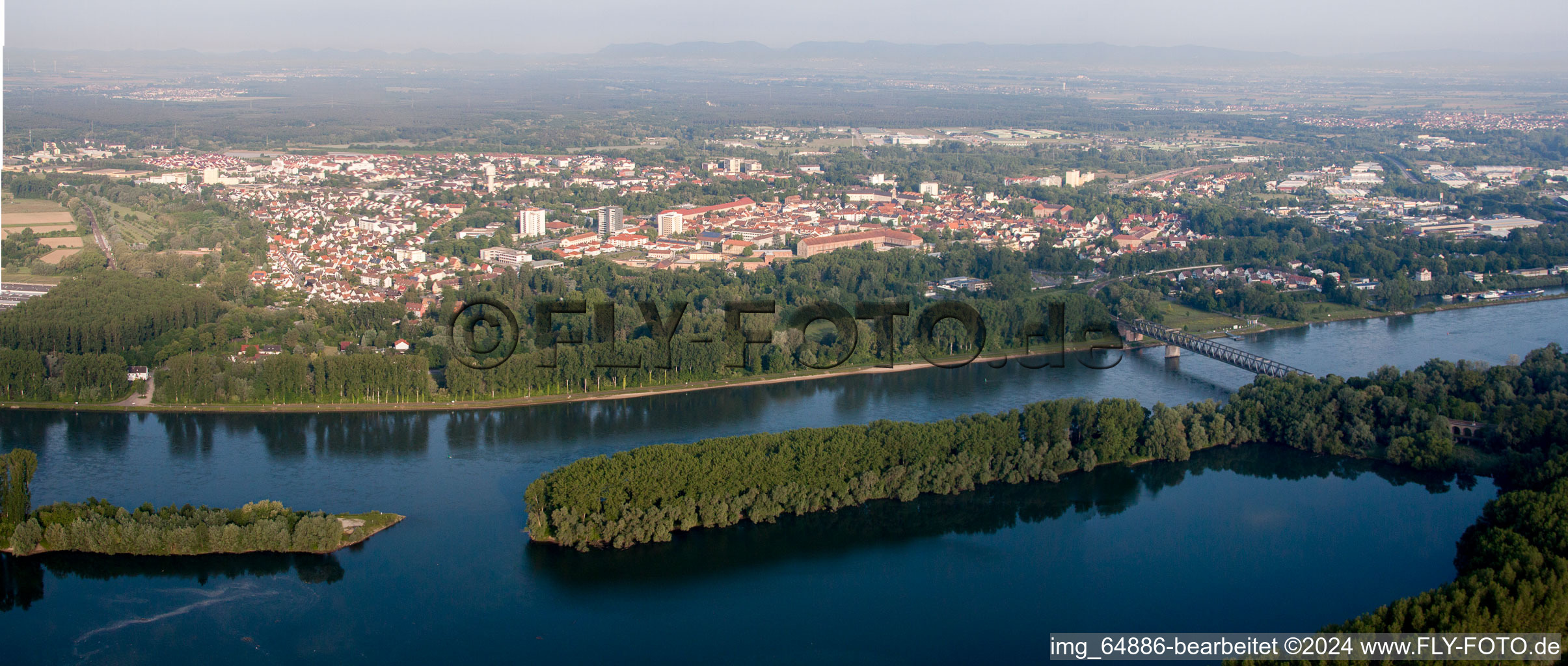 Oblique view of City view on the river bank of the Rhine river in Germersheim in the state Rhineland-Palatinate, Germany