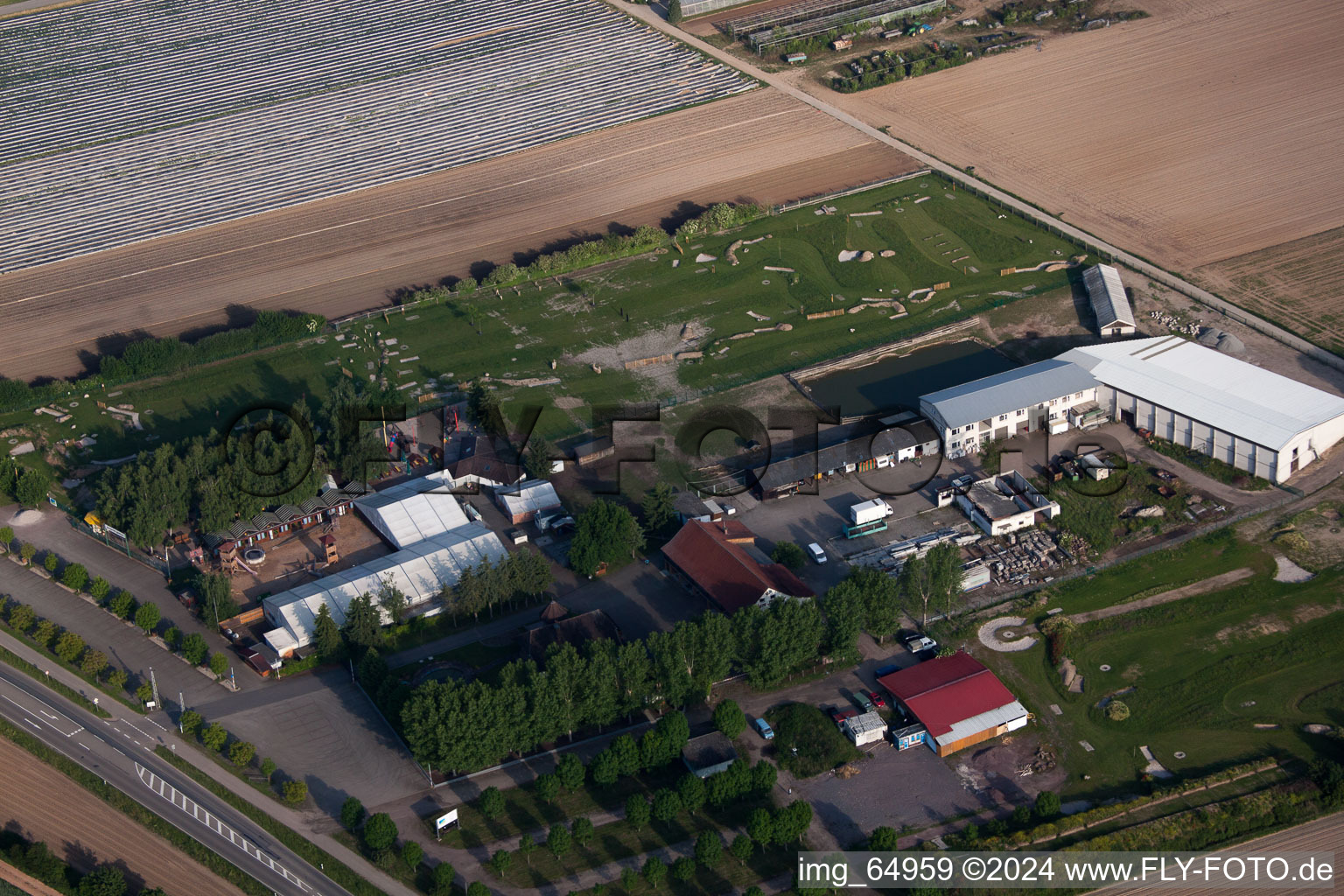 Aerial view of Fruit and asparagus farm, Hofcafé Zapf in Kandel in the state Rhineland-Palatinate, Germany