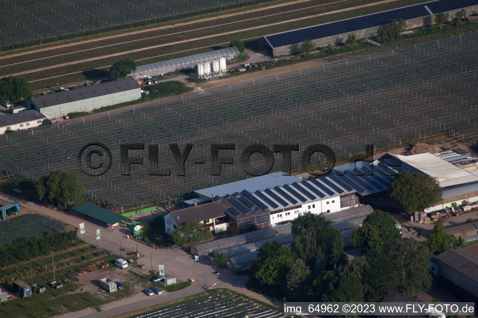 Aerial photograpy of Fruit and asparagus farm, Hofcafé Zapf in Kandel in the state Rhineland-Palatinate, Germany