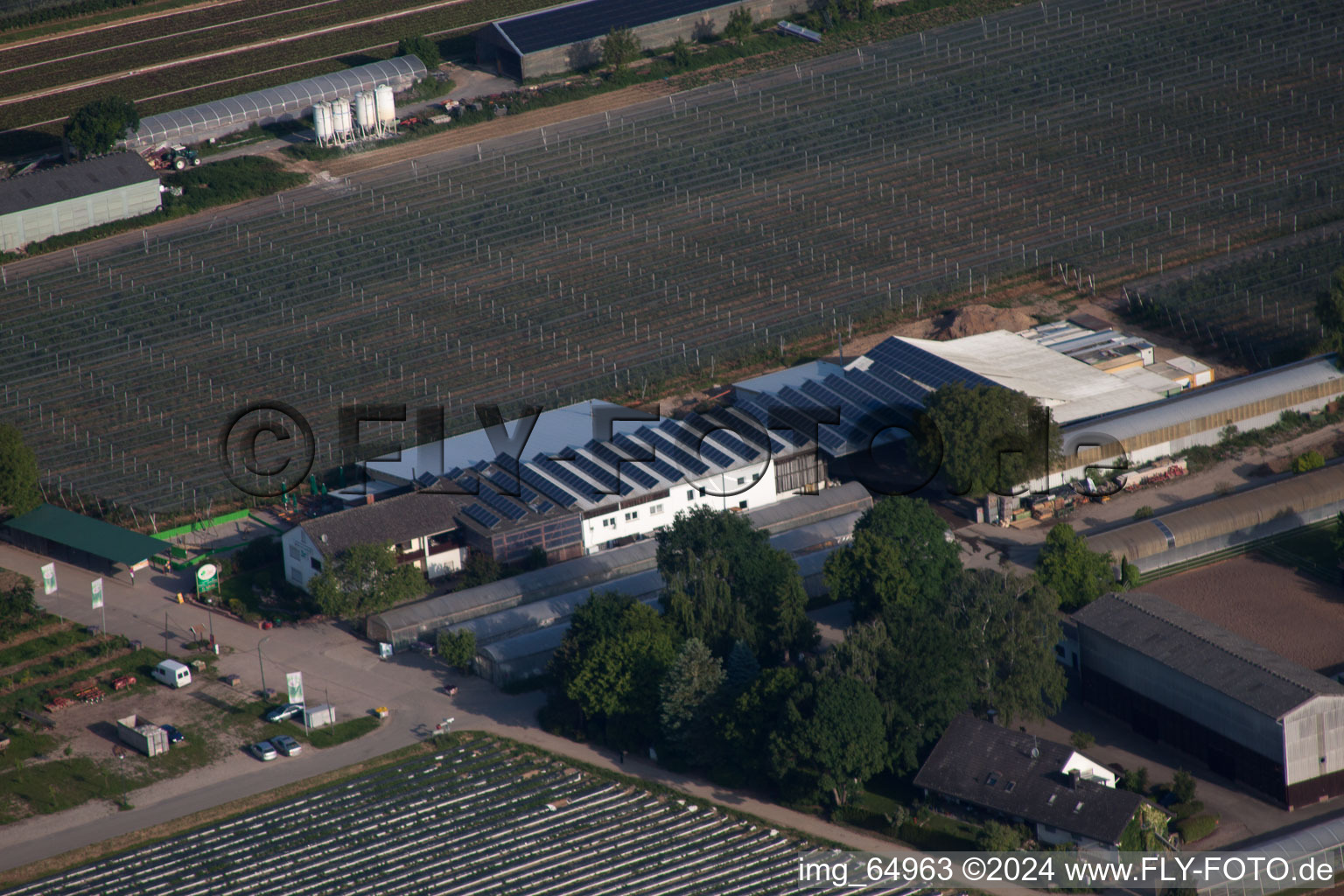 Oblique view of Fruit and asparagus farm, Hofcafé Zapf in Kandel in the state Rhineland-Palatinate, Germany