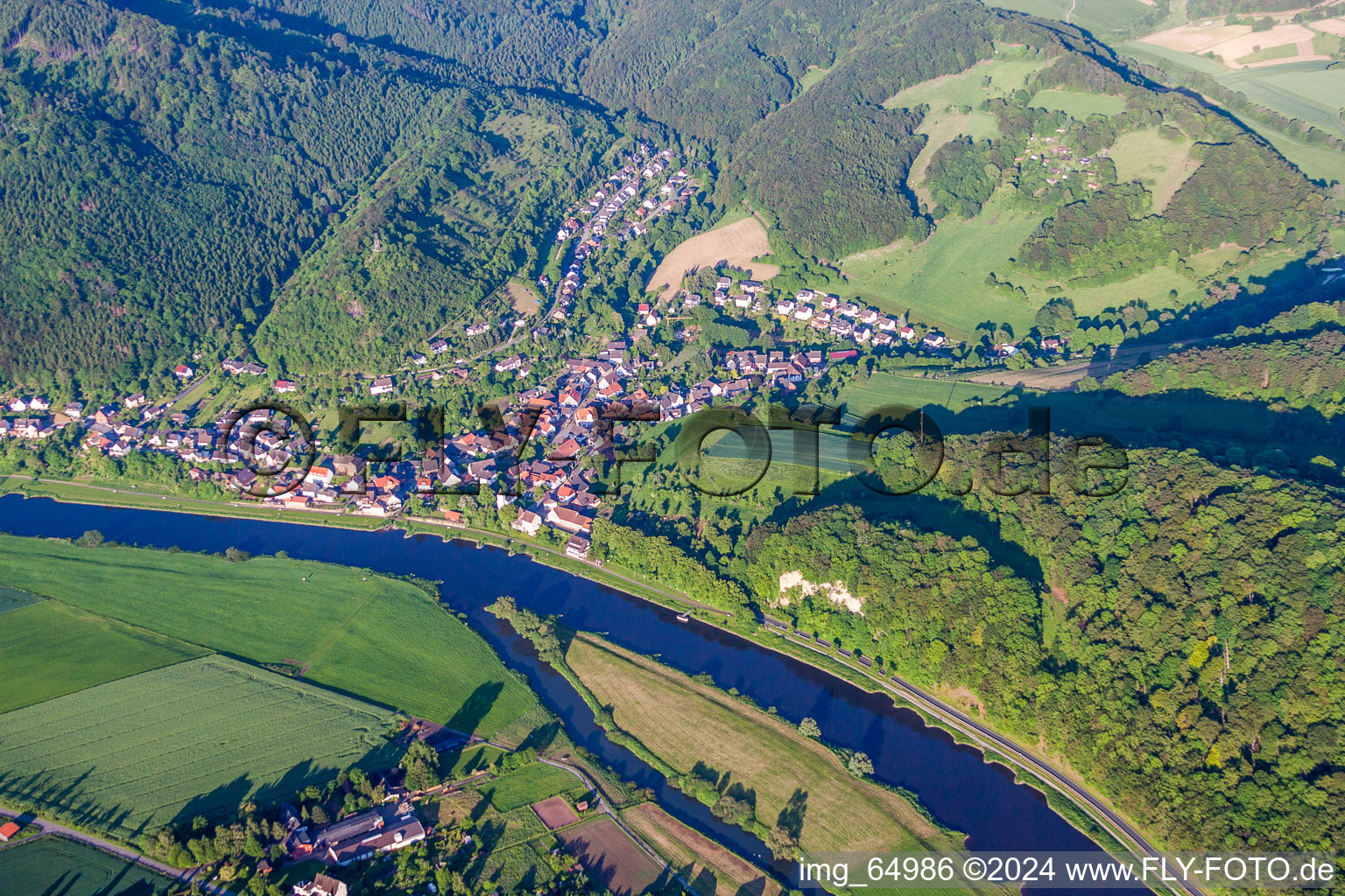 Village on the river bank areas of the Weser river in the district Ruehle in Bodenwerder in the state Lower Saxony, Germany