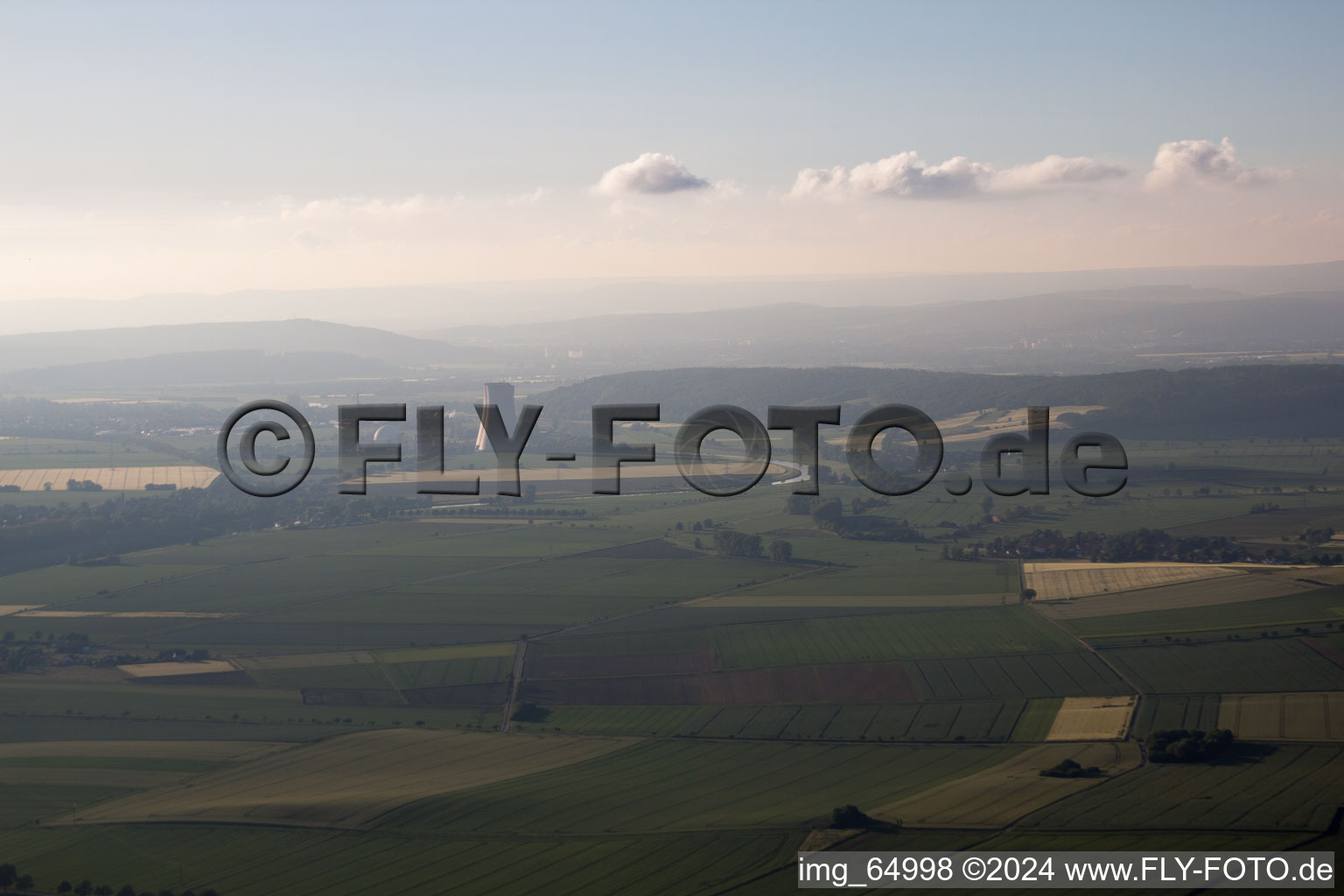 Aerial photograpy of Nuclear power plant Grohnde from a distance in the district Grohnde in Emmerthal in the state Lower Saxony, Germany