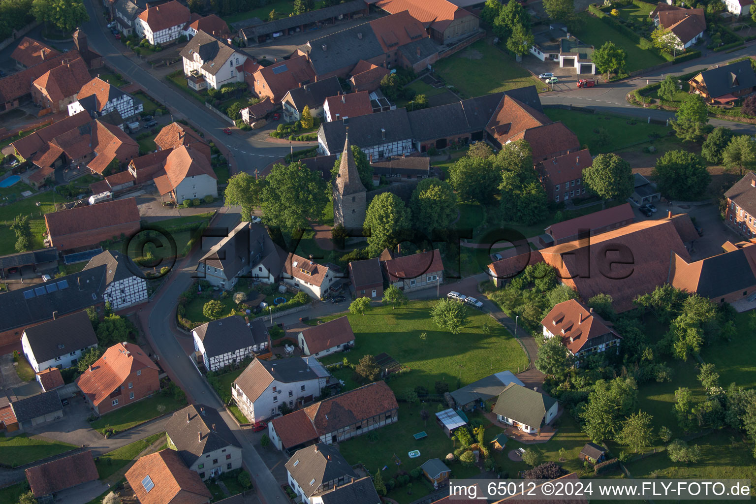 Aerial view of Church building in the village of in the district Hajen in Emmerthal in the state Lower Saxony, Germany