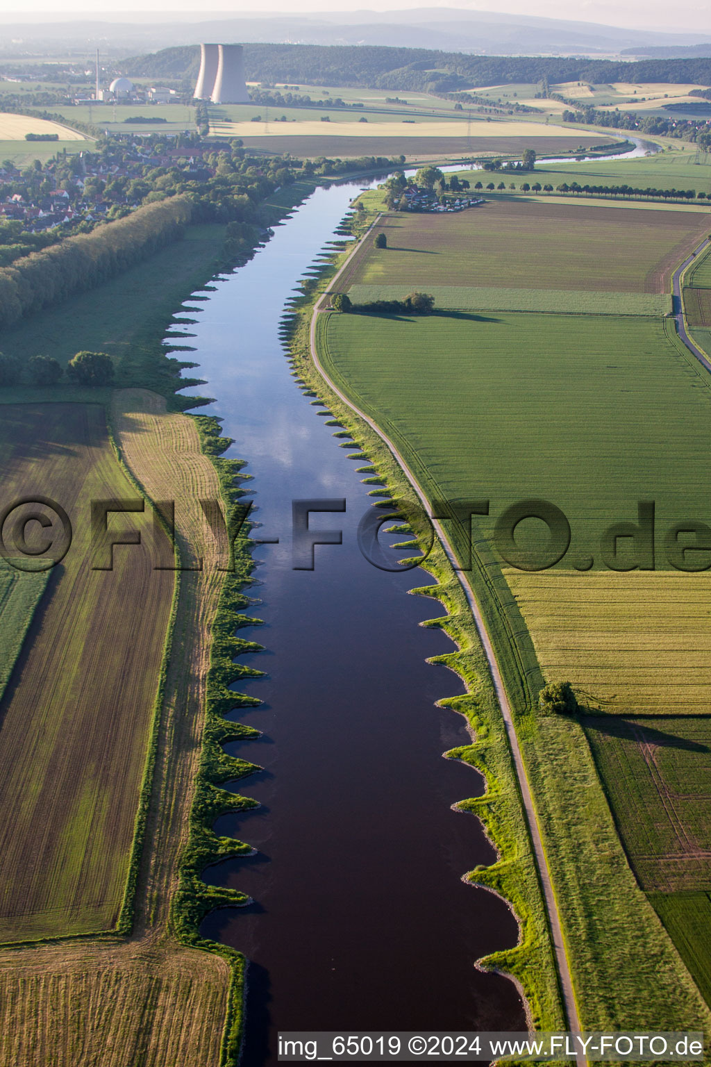 Aerial view of Building remains of the reactor units and facilities of the NPP nuclear power plant Kernkraftwerk Grohnde on Weser in Emmerthal in the state Lower Saxony, Germany