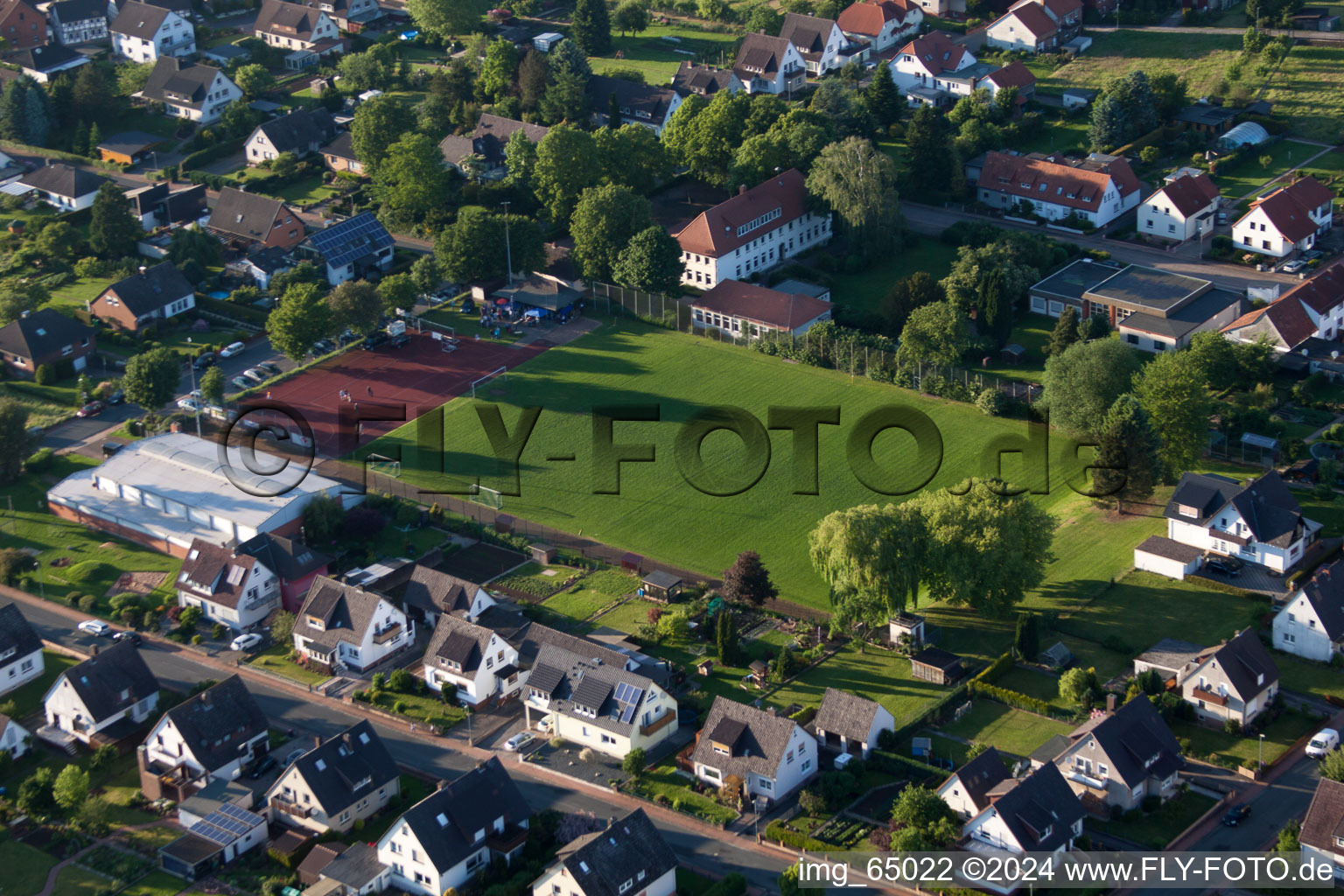 Sports hall and pitch in the district Grohnde in Emmerthal in the state Lower Saxony, Germany