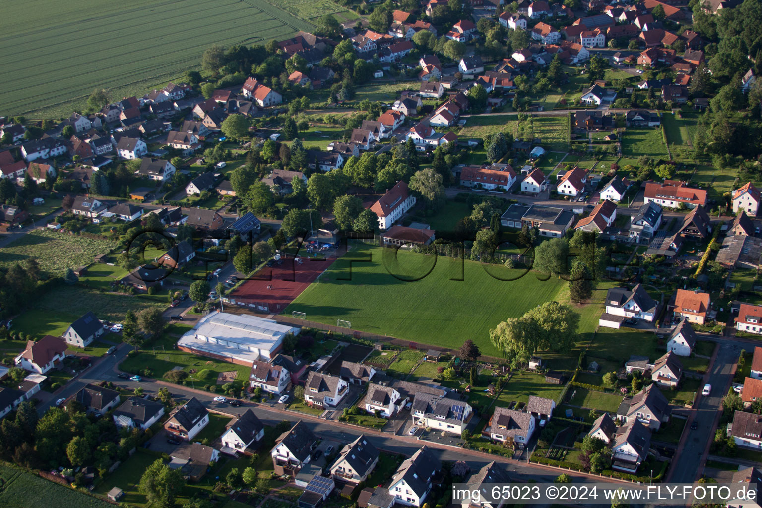 Aerial view of Sports hall and pitch in the district Grohnde in Emmerthal in the state Lower Saxony, Germany