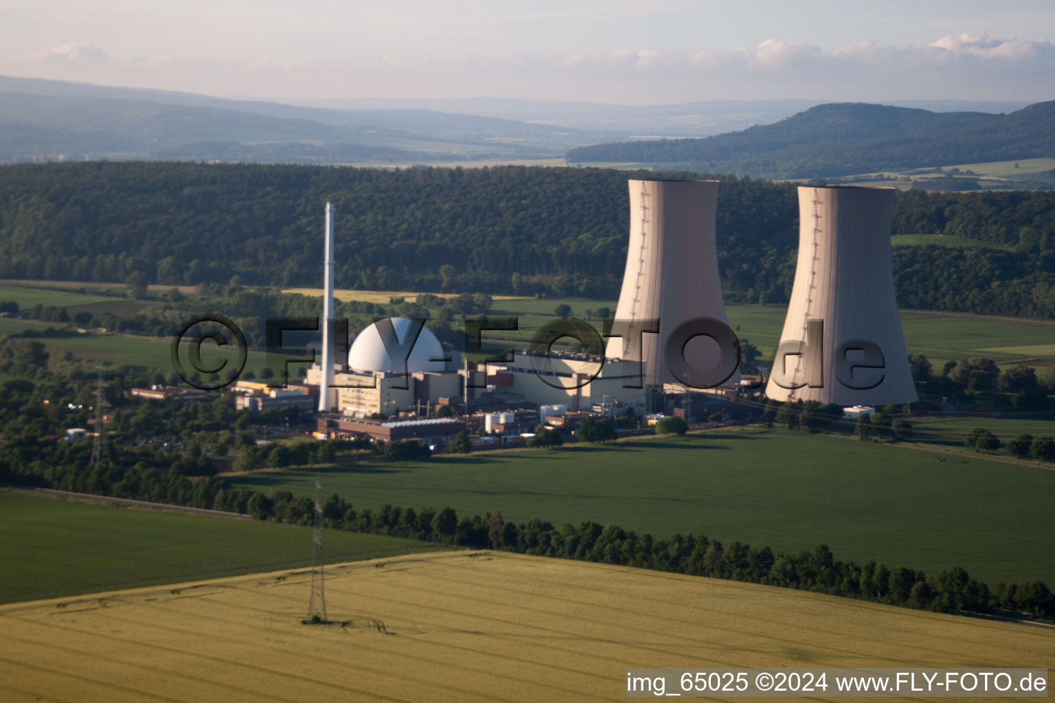 Aerial view of Cooling towers of the nuclear power plant Grohnde in the district Grohnde in Emmerthal in the state Lower Saxony, Germany