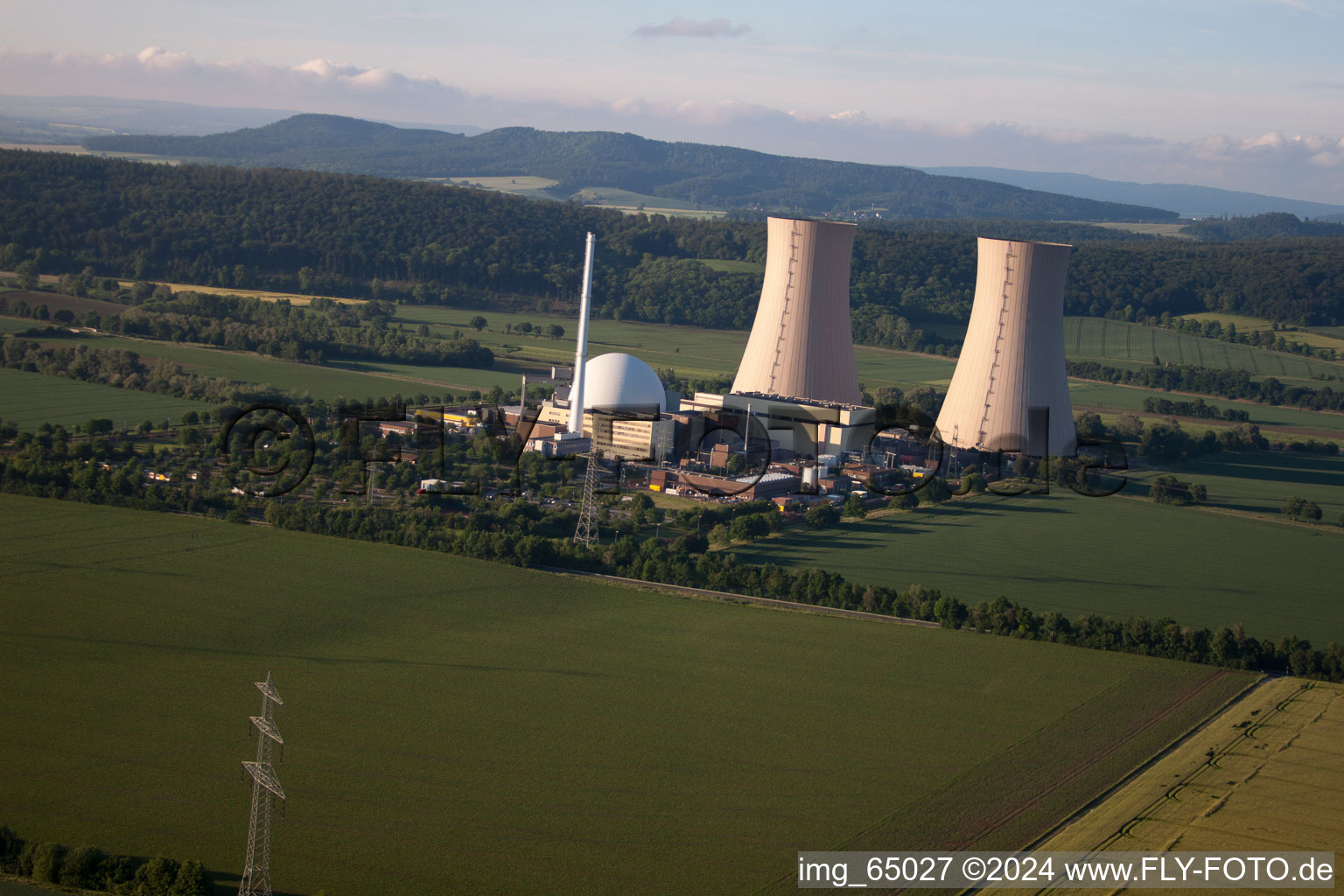 Aerial photograpy of Cooling towers of the nuclear power plant Grohnde in the district Grohnde in Emmerthal in the state Lower Saxony, Germany