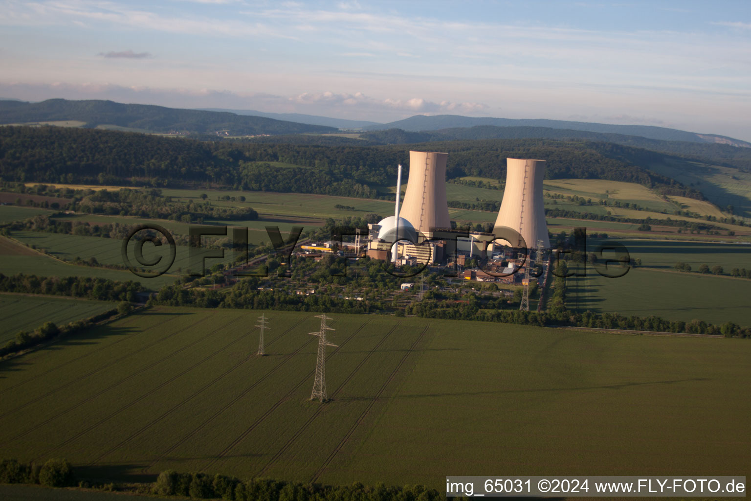 Oblique view of Cooling towers of the nuclear power plant Grohnde in the district Grohnde in Emmerthal in the state Lower Saxony, Germany