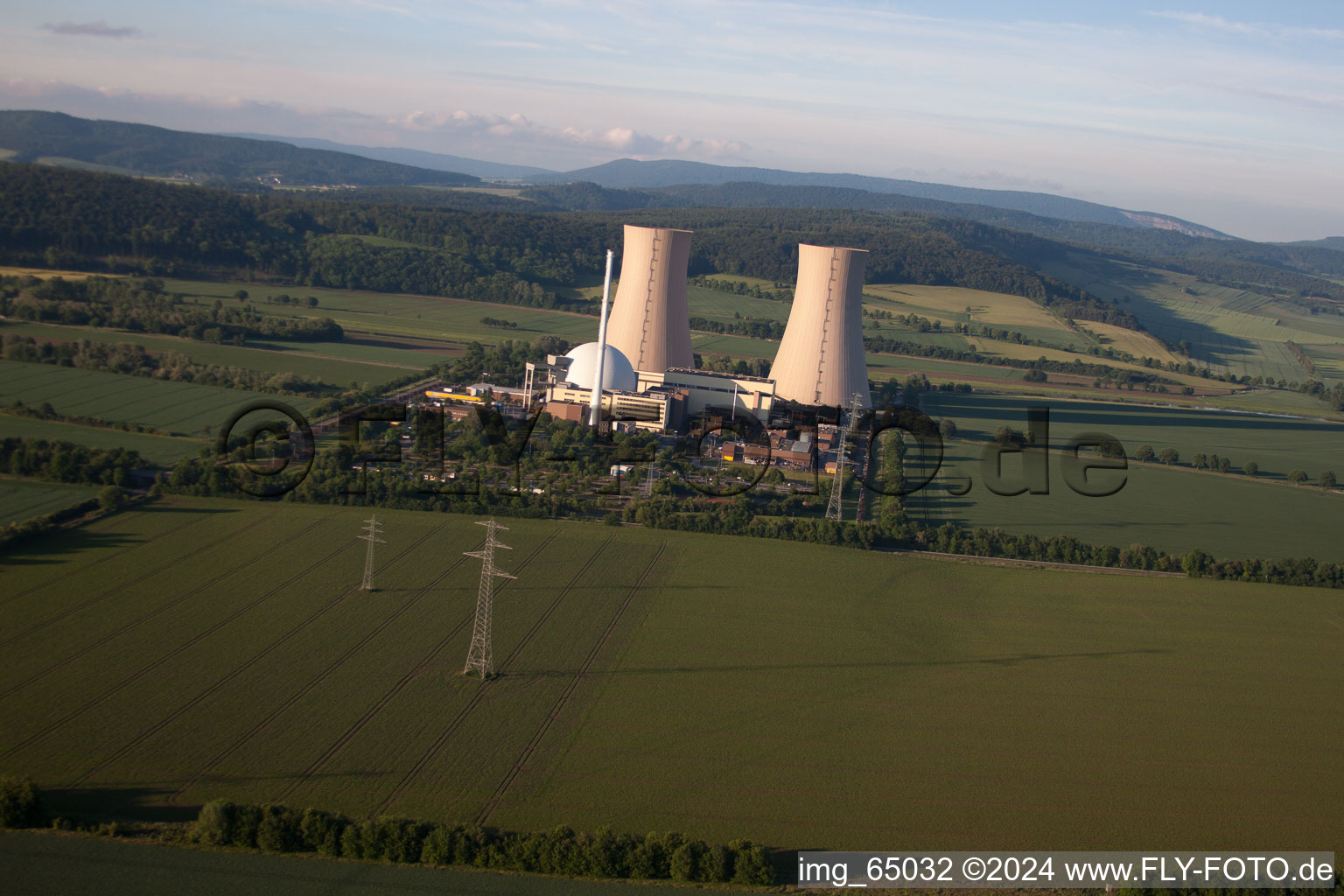 Cooling towers of the nuclear power plant Grohnde in the district Grohnde in Emmerthal in the state Lower Saxony, Germany from above