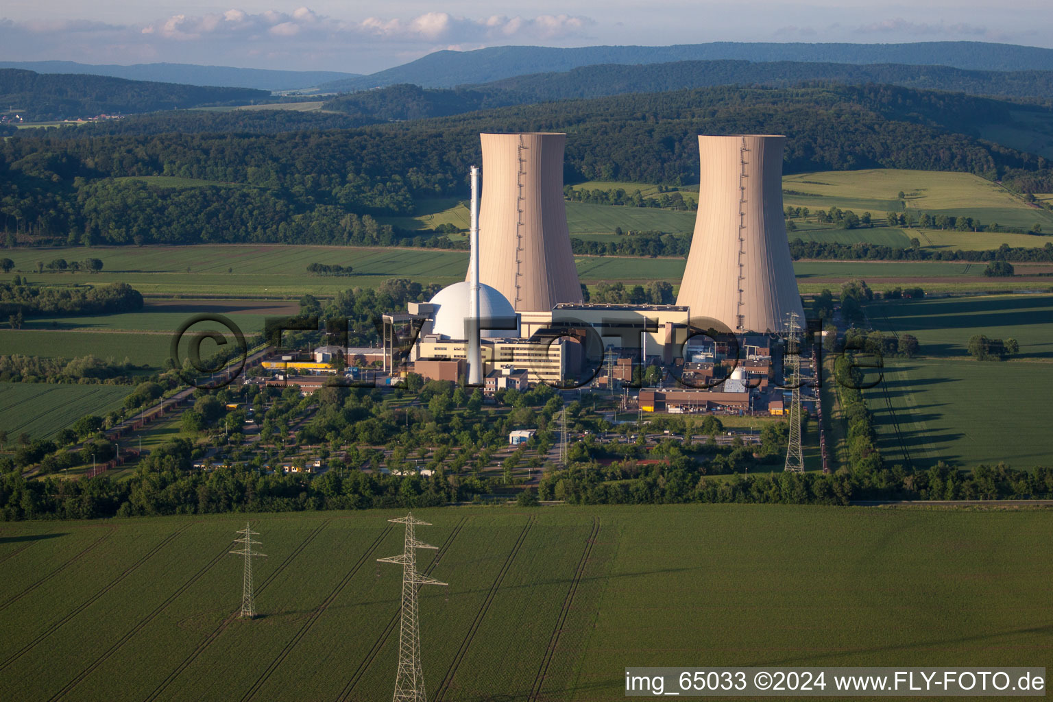 Building remains of the reactor units and facilities of the NPP nuclear power plant Kernkraftwerk Grohnde on Weser in Emmerthal in the state Lower Saxony, Germany from above