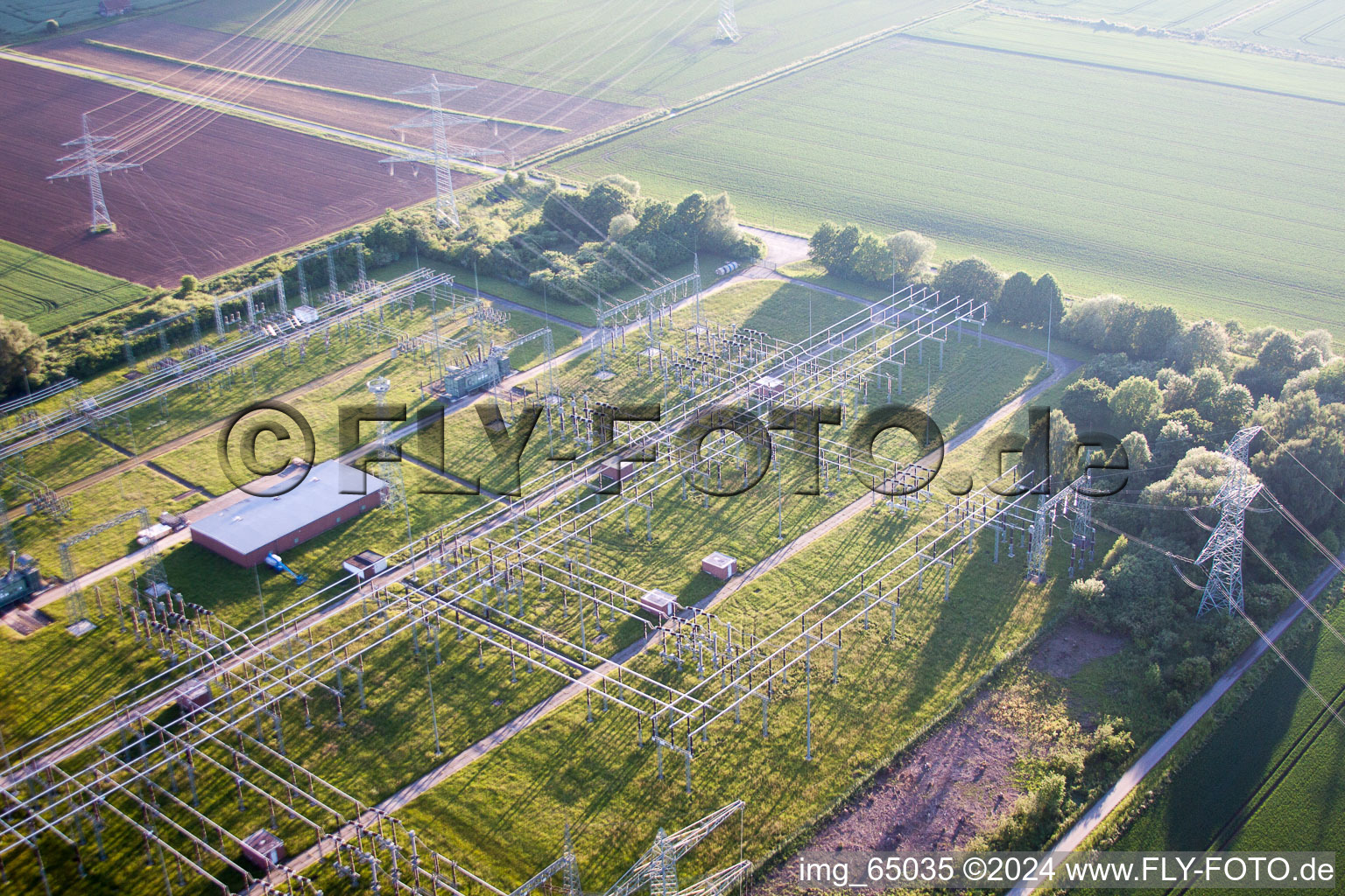 Aerial view of Substation Grohnde in the district Grohnde in Emmerthal in the state Lower Saxony, Germany