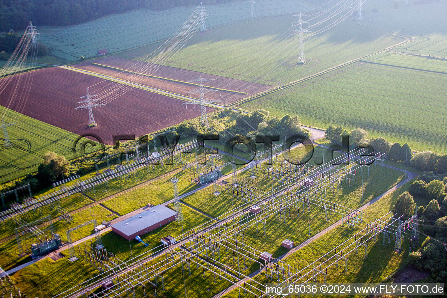 Aerial photograpy of Substation Grohnde in the district Grohnde in Emmerthal in the state Lower Saxony, Germany